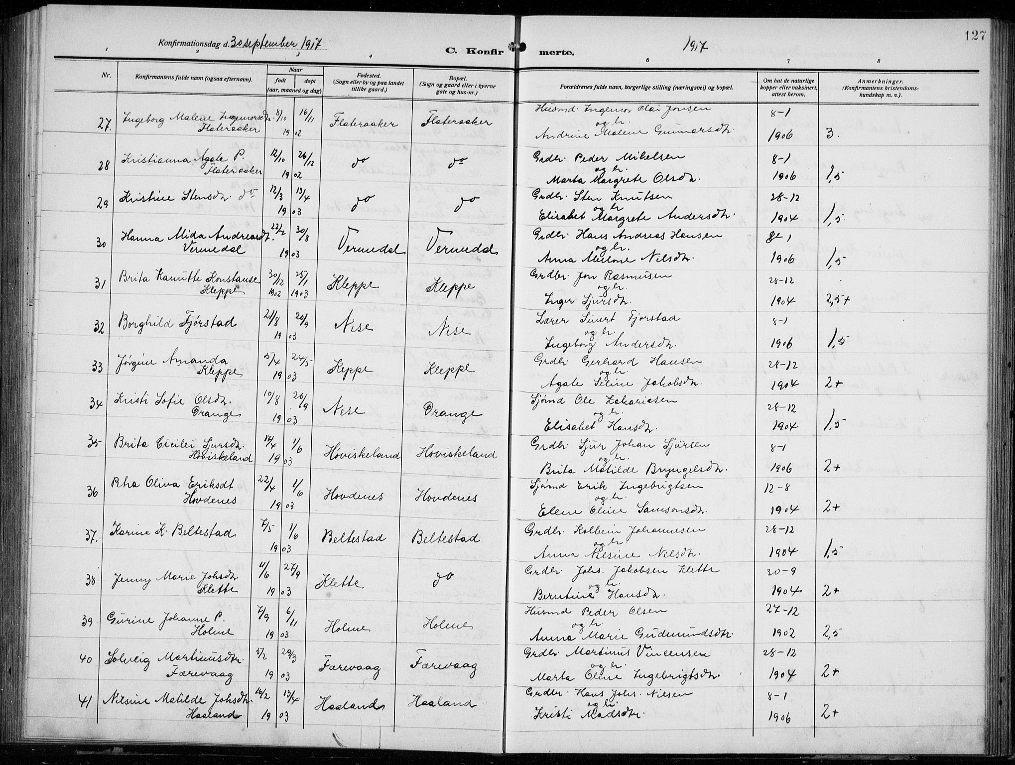 Tysnes sokneprestembete, AV/SAB-A-78601/H/Hab: Parish register (copy) no. E  4, 1912-1936, p. 127
