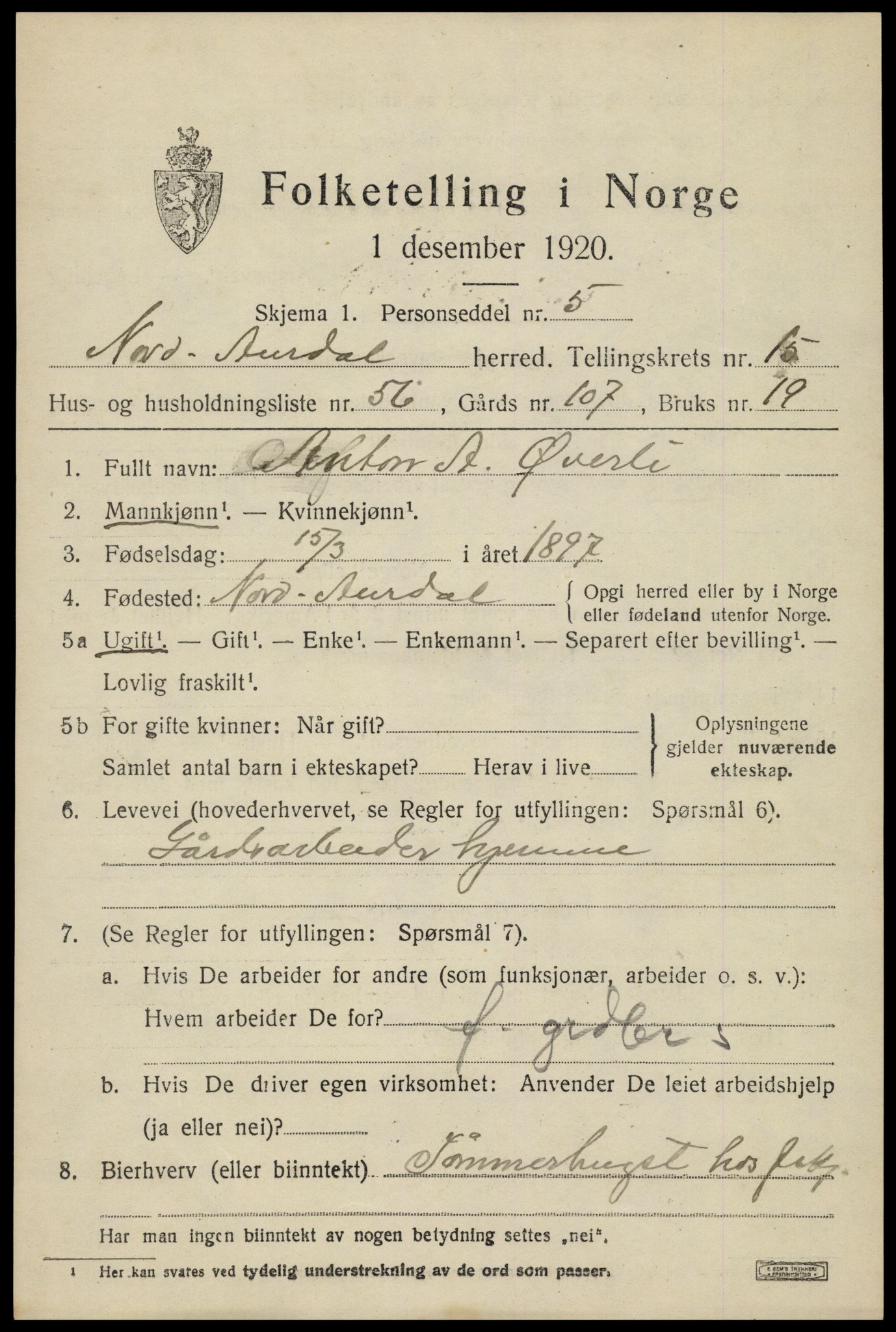 SAH, 1920 census for Nord-Aurdal, 1920, p. 11730