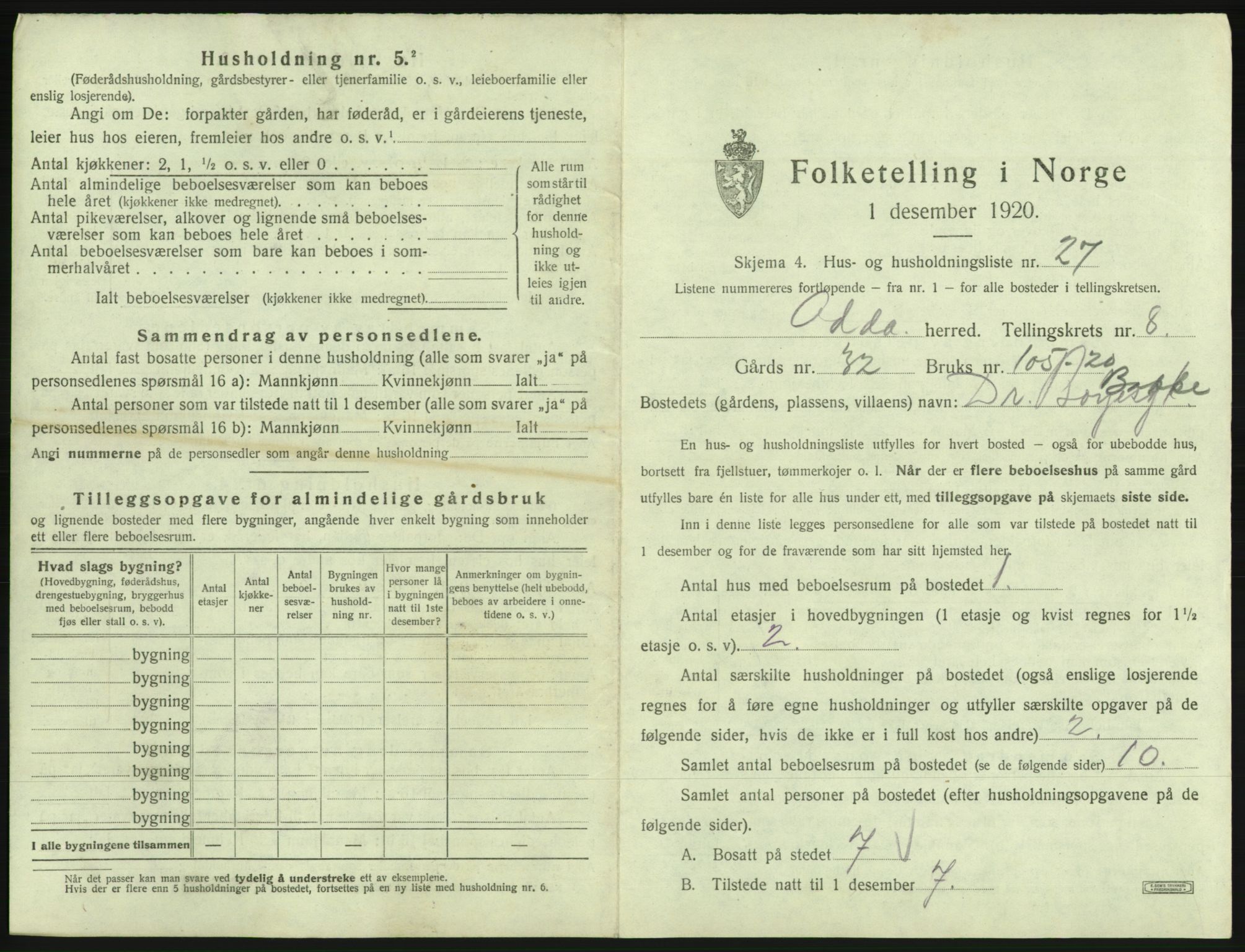 SAB, 1920 census for Odda, 1920, p. 712