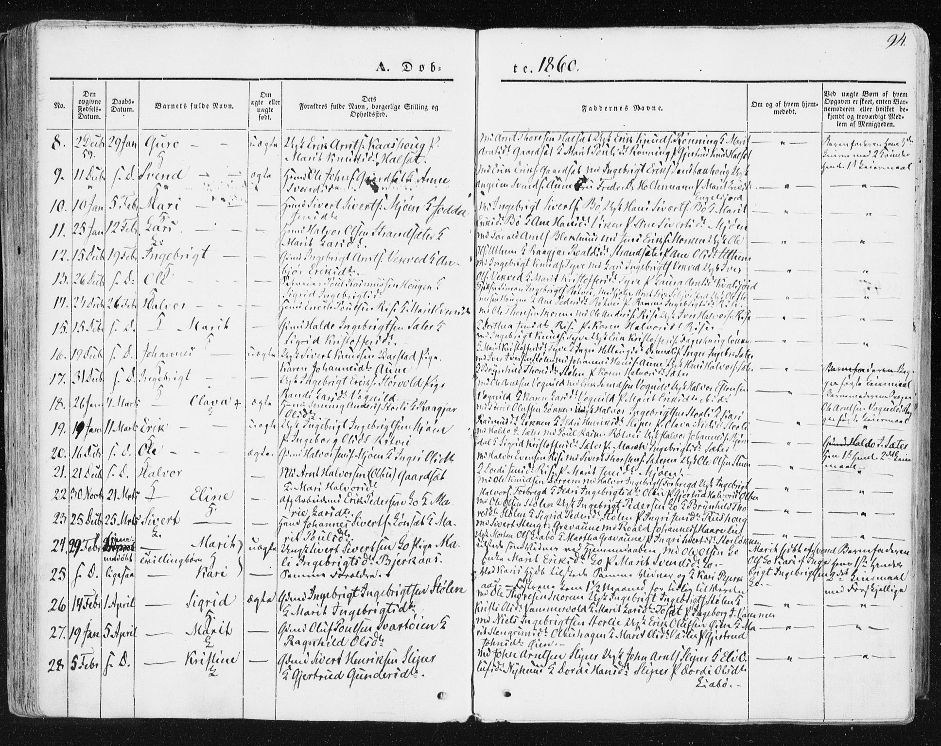 Ministerialprotokoller, klokkerbøker og fødselsregistre - Sør-Trøndelag, AV/SAT-A-1456/678/L0899: Parish register (official) no. 678A08, 1848-1872, p. 94