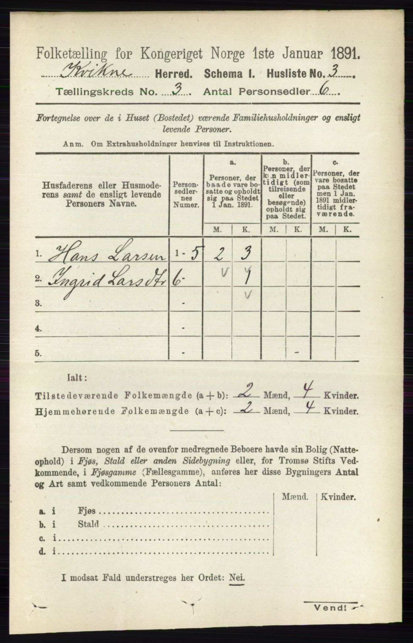 RA, 1891 census for 0440 Kvikne, 1891, p. 646