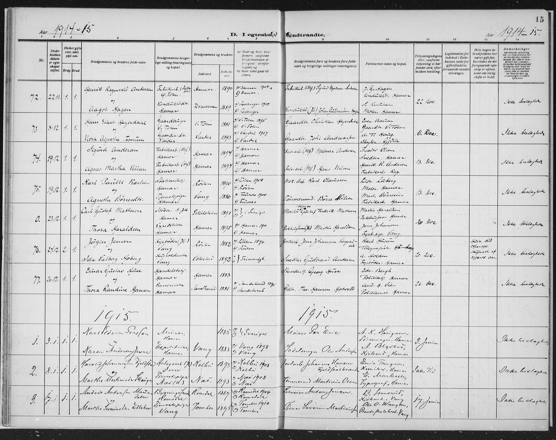 Hamar prestekontor, SAH/DOMPH-002/H/Ha/Haa/L0003: Parish register (official) no. 3, 1913-1930, p. 15