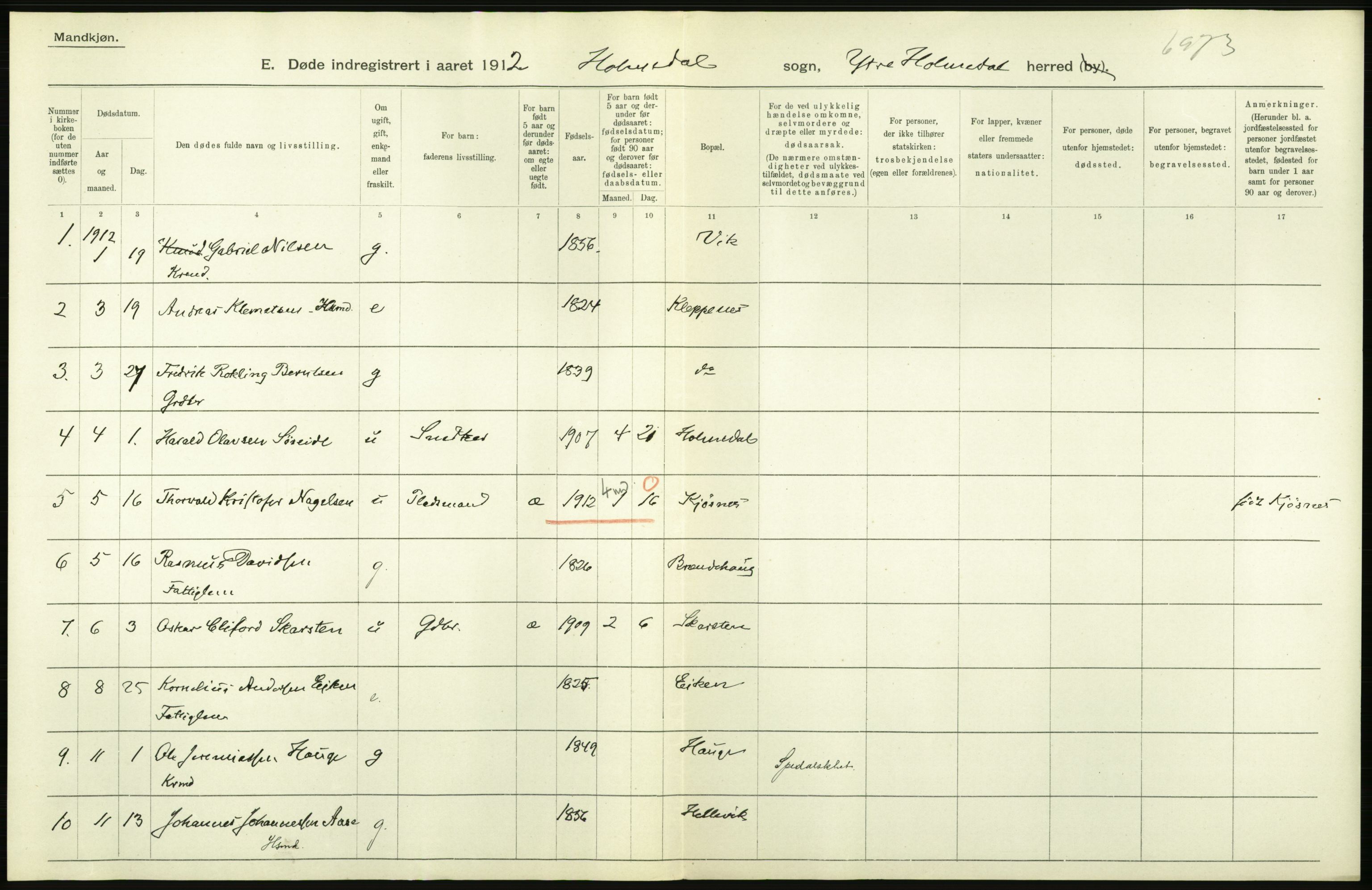 Statistisk sentralbyrå, Sosiodemografiske emner, Befolkning, RA/S-2228/D/Df/Dfb/Dfbb/L0035: N. Bergenhus amt: Døde, dødfødte. Bygder., 1912, p. 212