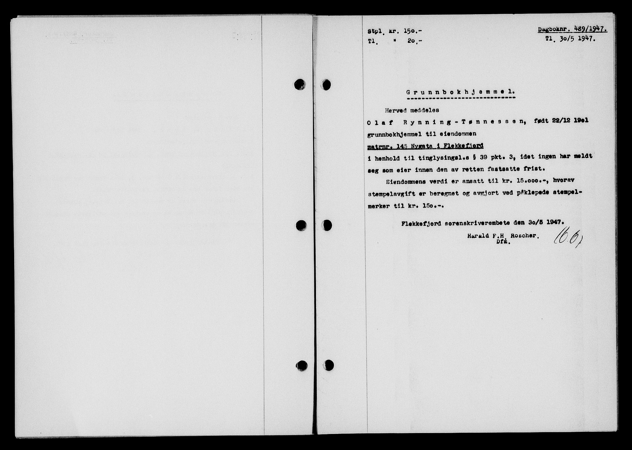 Flekkefjord sorenskriveri, SAK/1221-0001/G/Gb/Gba/L0062: Mortgage book no. A-10, 1947-1947, Diary no: : 489/1947