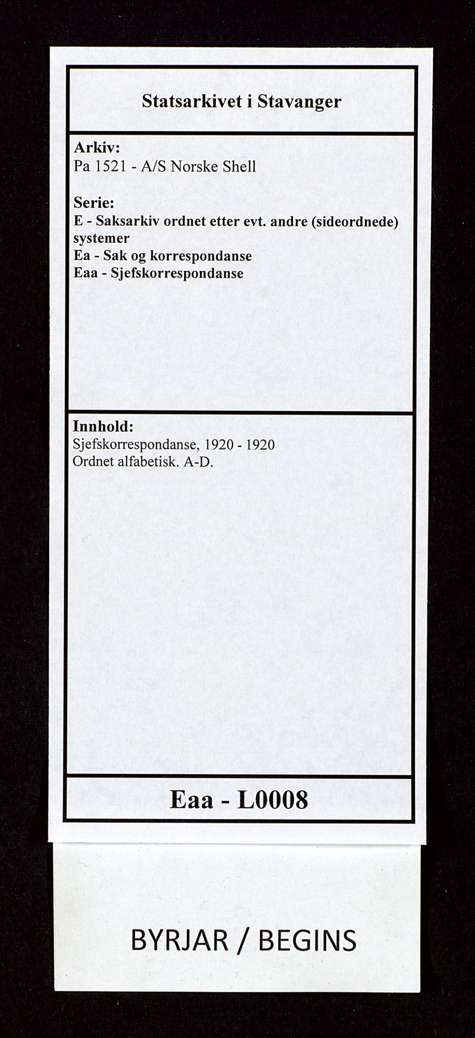 Pa 1521 - A/S Norske Shell, AV/SAST-A-101915/E/Ea/Eaa/L0008: Sjefskorrespondanse, 1920, p. 1