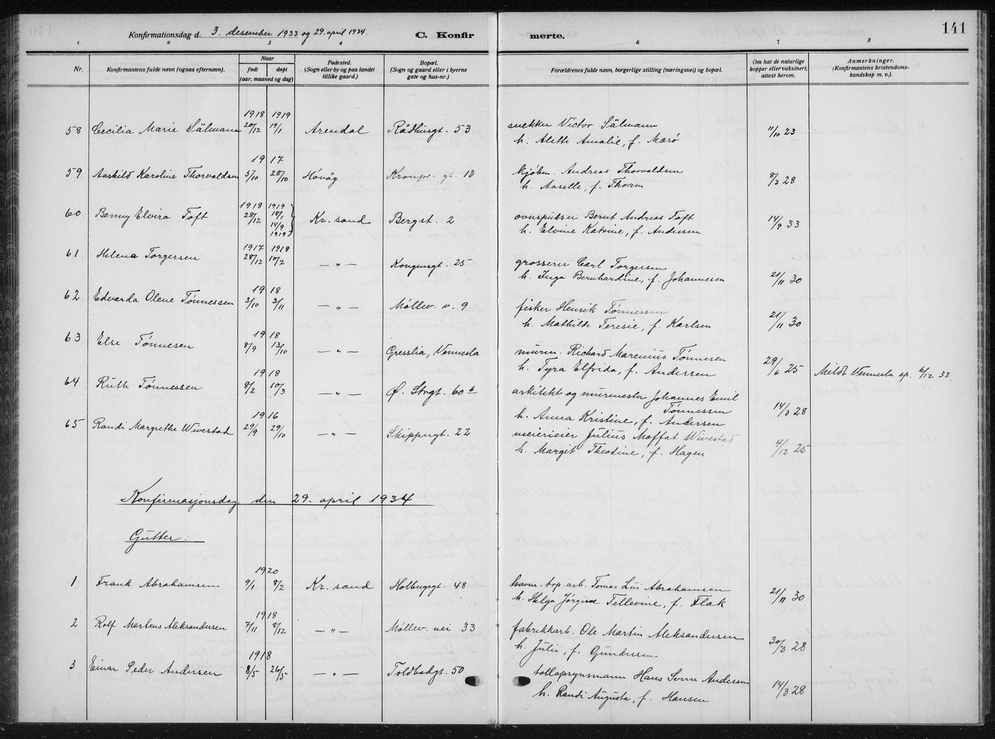 Kristiansand domprosti, SAK/1112-0006/F/Fb/L0025: Parish register (copy) no. B 25, 1924-1934, p. 141