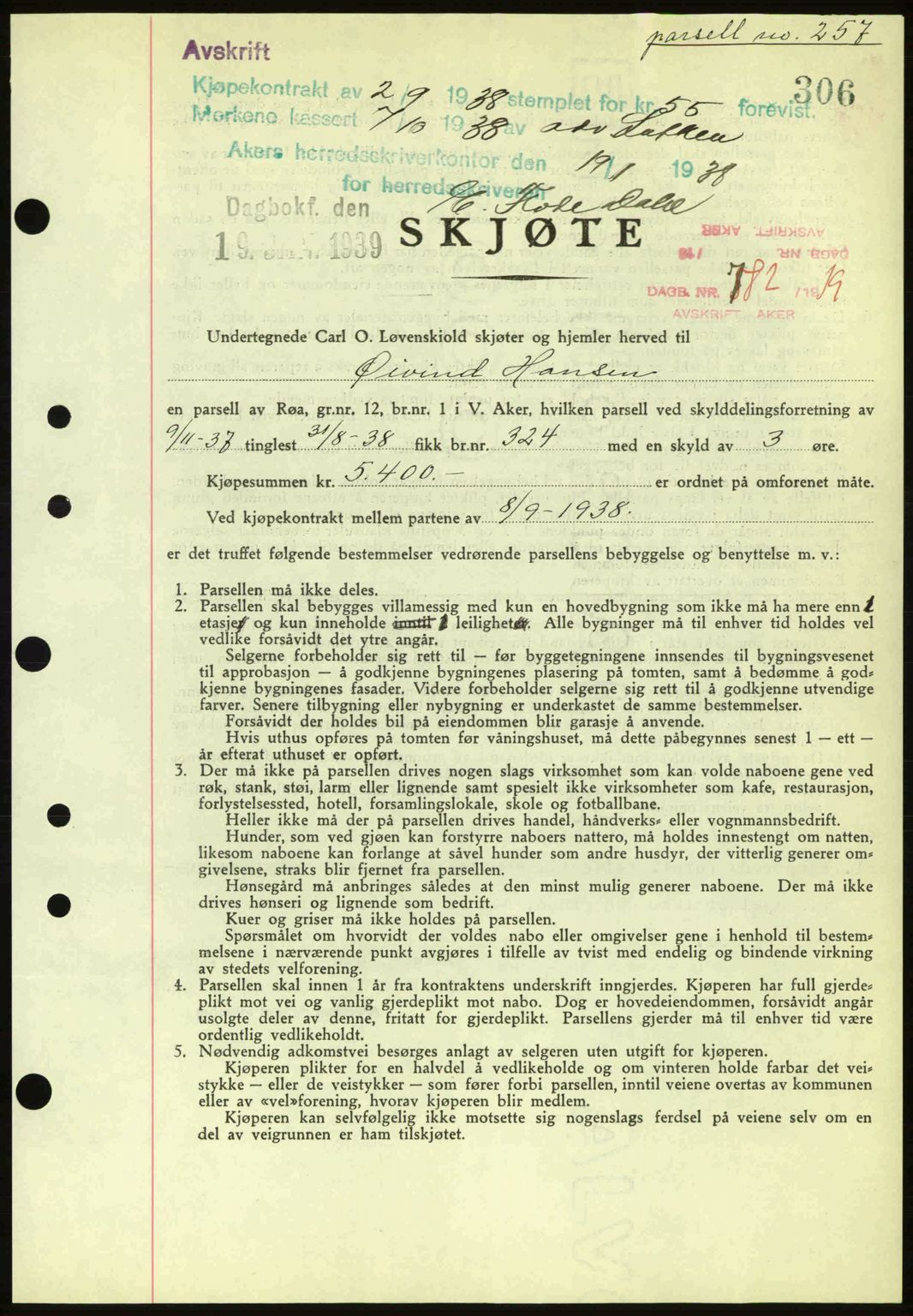 Aker herredsskriveri, AV/SAO-A-10896/G/Gb/Gba/Gbab/L0028: Mortgage book no. A157, 1938-1939, Diary no: : 782/1939