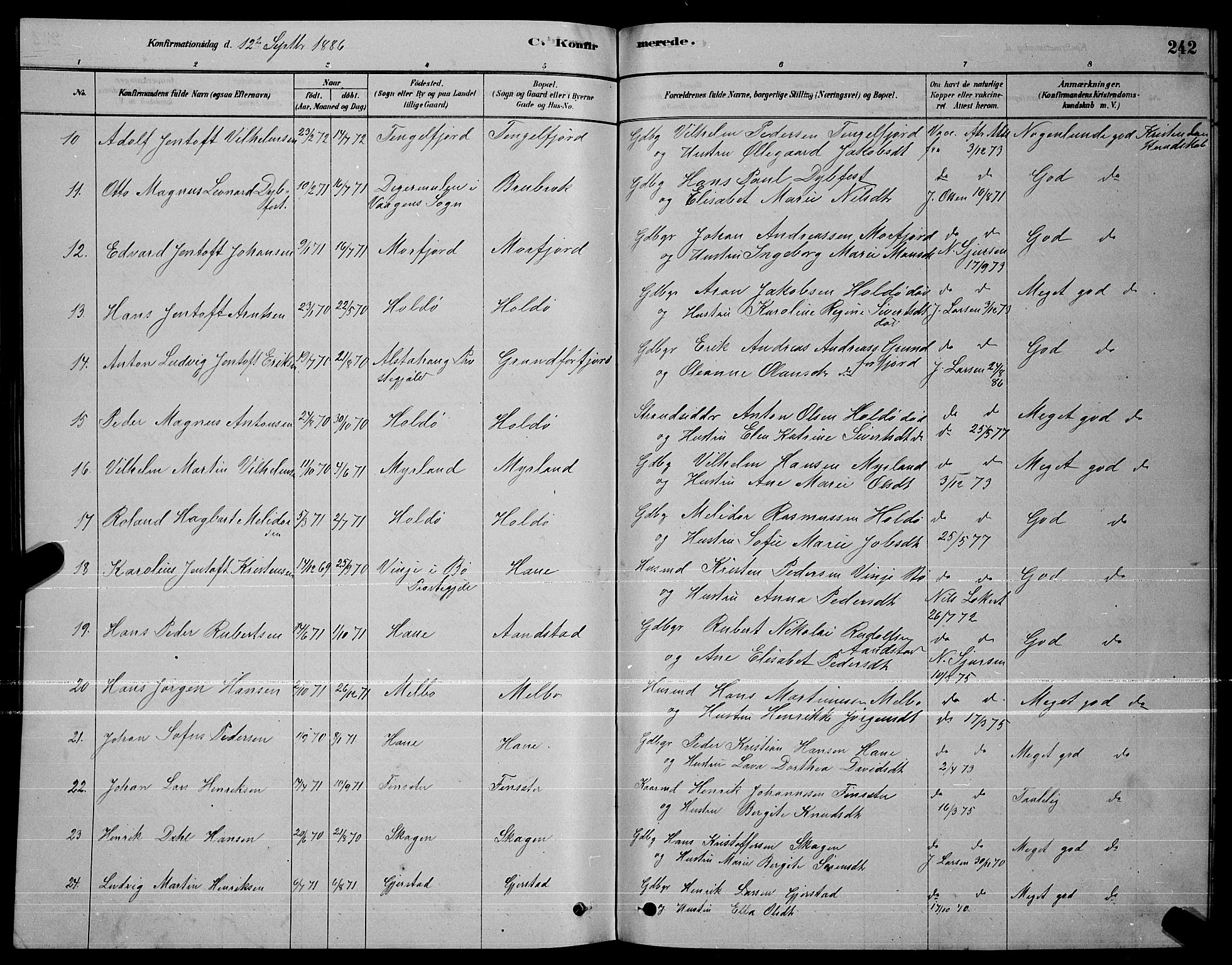Ministerialprotokoller, klokkerbøker og fødselsregistre - Nordland, AV/SAT-A-1459/888/L1267: Parish register (copy) no. 888C05, 1878-1890, p. 242
