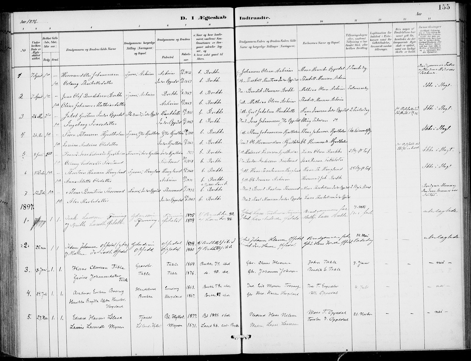 Gulen sokneprestembete, AV/SAB-A-80201/H/Haa/Haac/L0002: Parish register (official) no. C  2, 1882-1914, p. 155