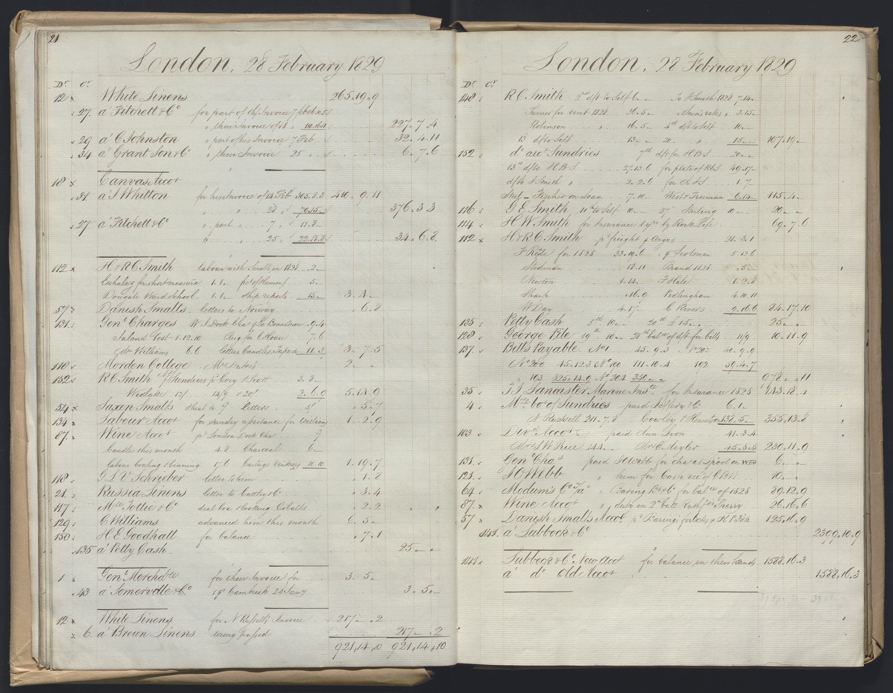 Smith, Goodhall & Reeves, AV/RA-PA-0586/R/L0001: Dagbok (Daybook) A, 1829-1831, p. 21-22