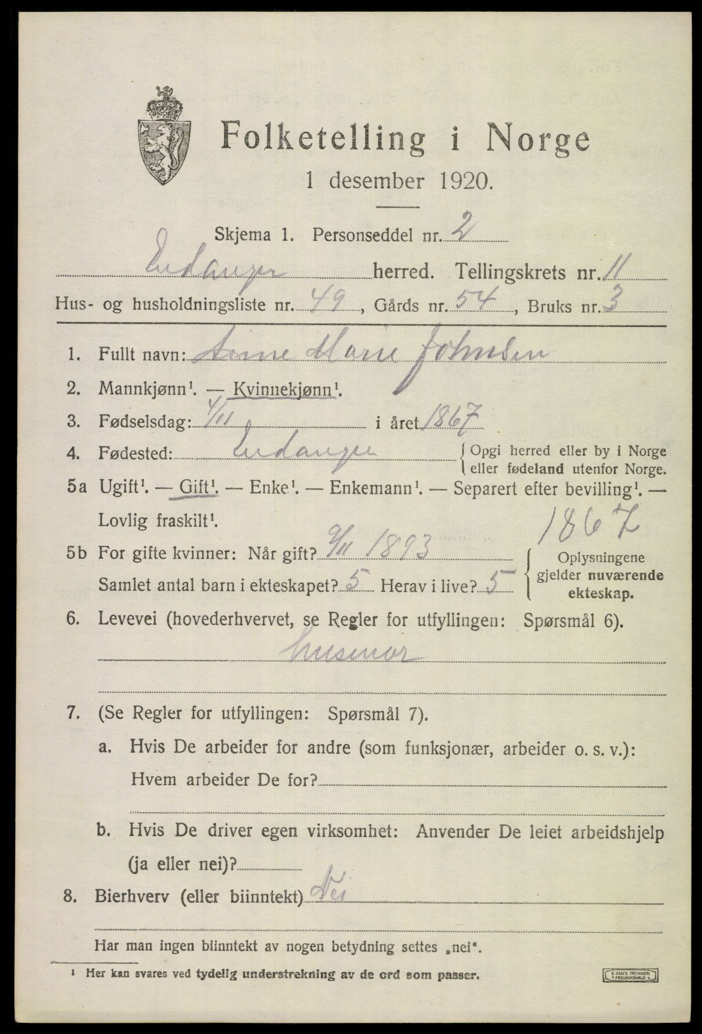 SAKO, 1920 census for Eidanger, 1920, p. 7182