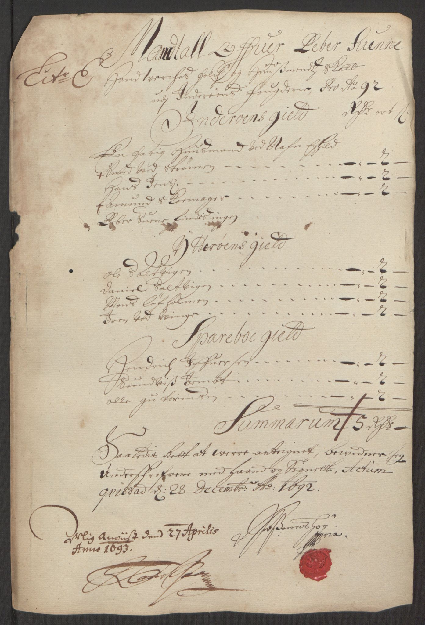 Rentekammeret inntil 1814, Reviderte regnskaper, Fogderegnskap, RA/EA-4092/R63/L4308: Fogderegnskap Inderøy, 1692-1694, p. 82