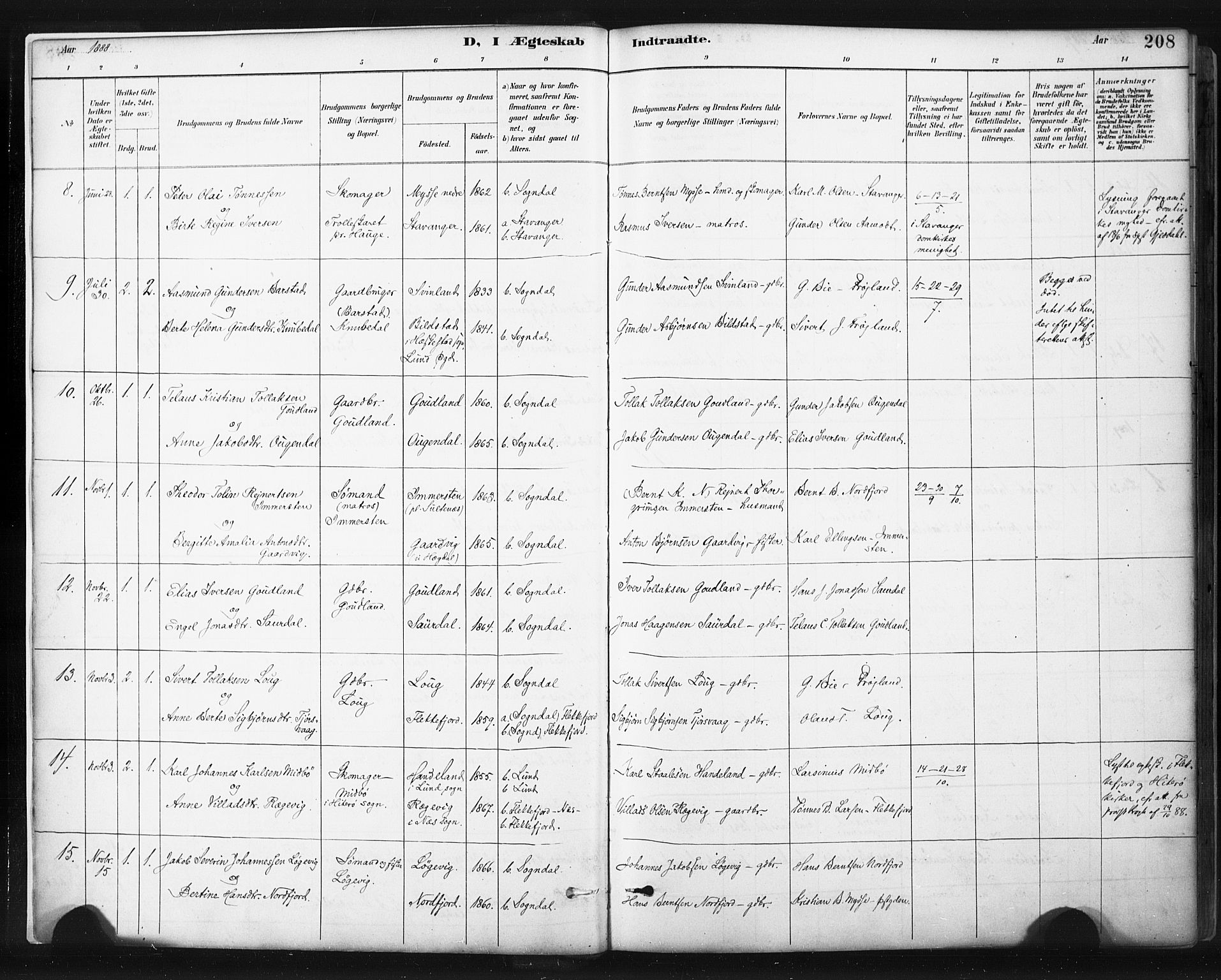 Sokndal sokneprestkontor, AV/SAST-A-101808: Parish register (official) no. A 11.2, 1887-1905, p. 208