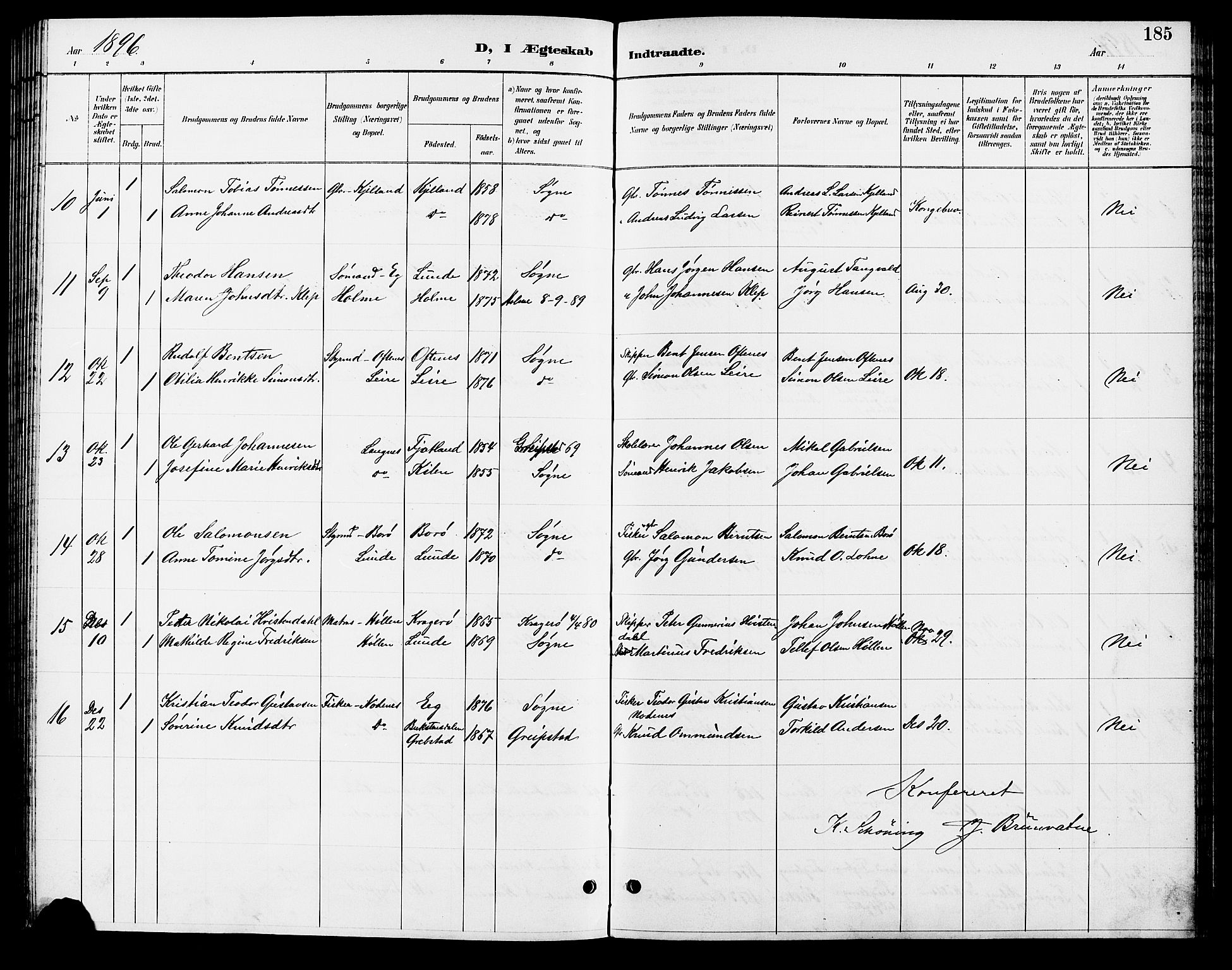 Søgne sokneprestkontor, AV/SAK-1111-0037/F/Fb/Fbb/L0006: Parish register (copy) no. B 6, 1892-1911, p. 185