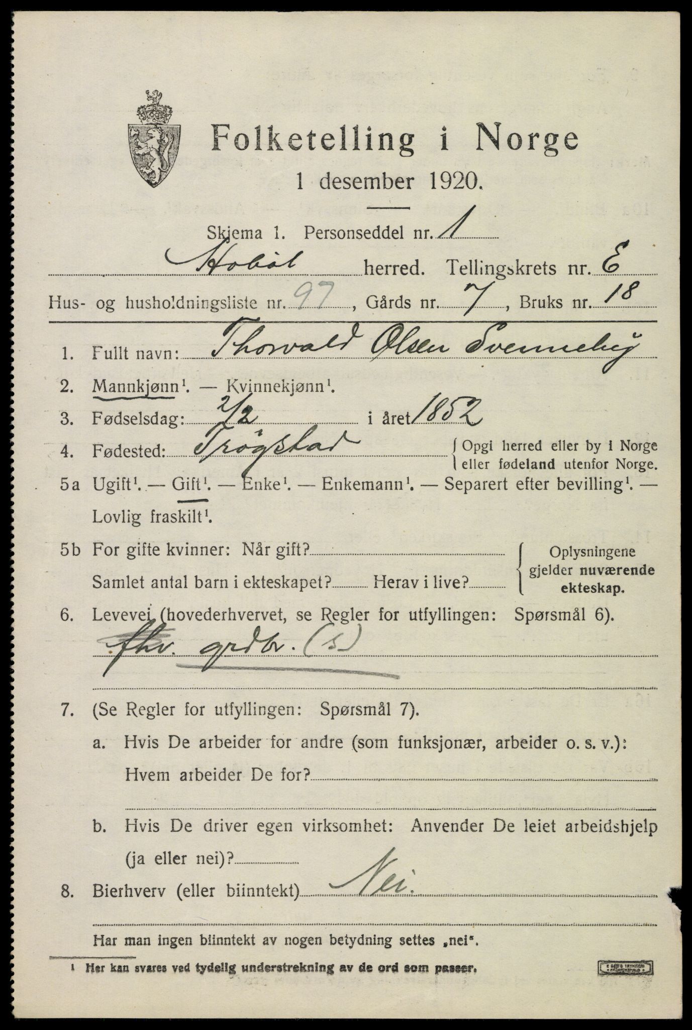 SAO, 1920 census for Hobøl, 1920, p. 5192