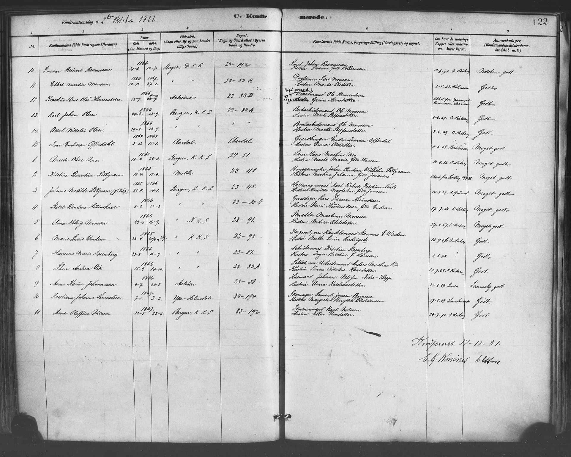 Mariakirken Sokneprestembete, AV/SAB-A-76901/H/Haa/L0007: Parish register (official) no. A 7, 1878-1893, p. 122