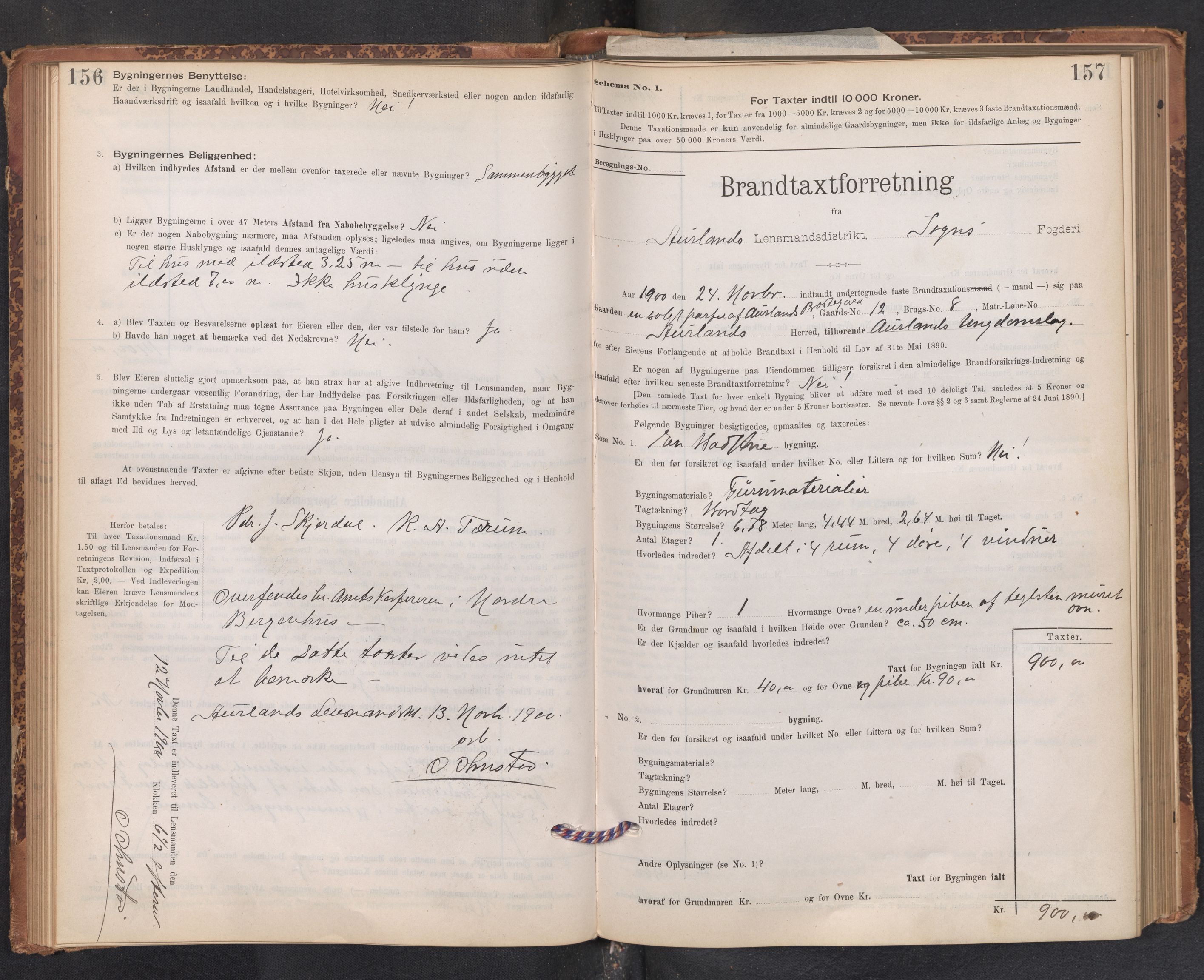 Lensmannen i Aurland, AV/SAB-A-26401/0012/L0004: Branntakstprotokoll, skjematakst, 1895-1911, p. 156-157