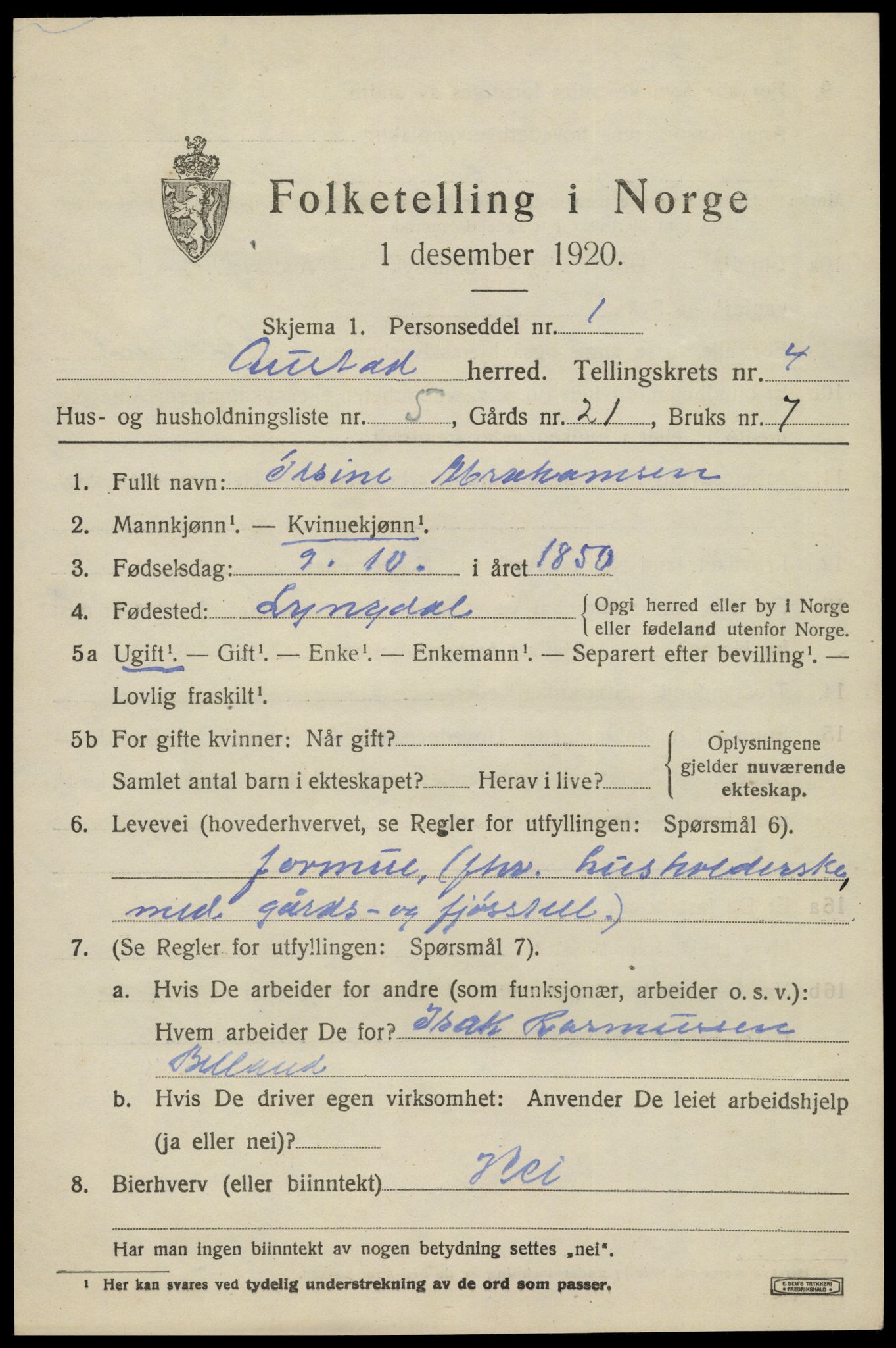 SAK, 1920 census for Austad, 1920, p. 1447