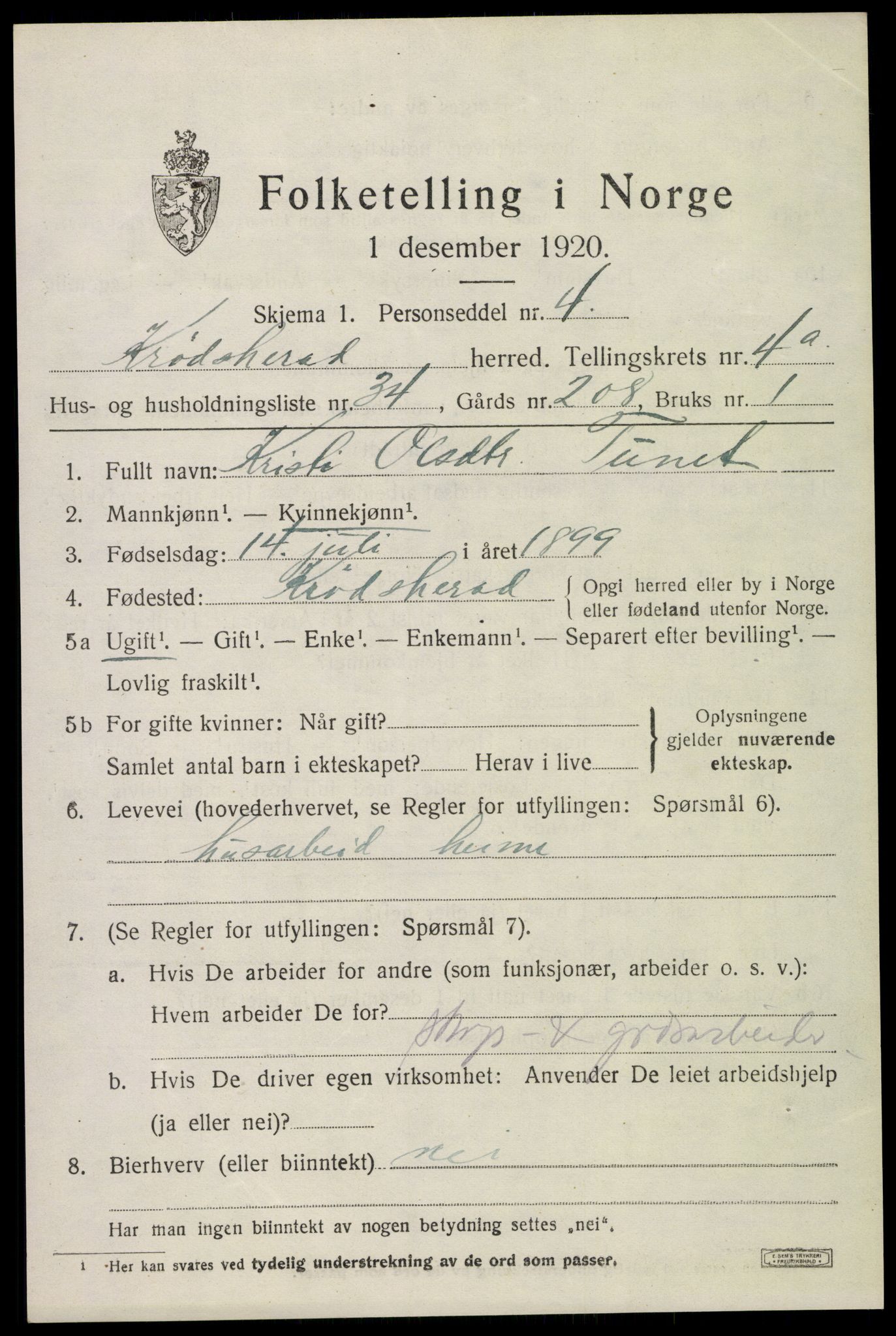 SAKO, 1920 census for Krødsherad, 1920, p. 4943