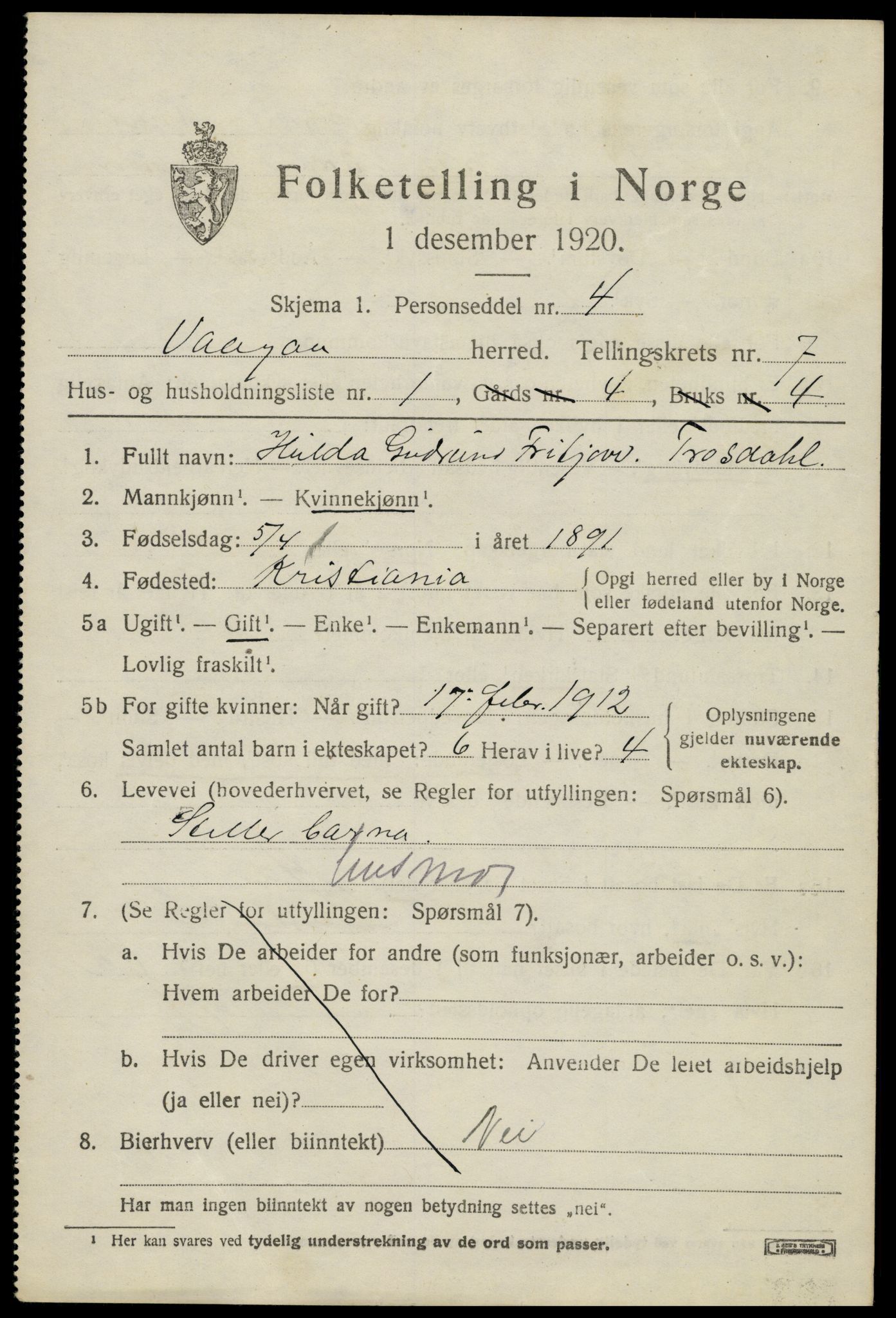 SAH, 1920 census for Vågå, 1920, p. 5304