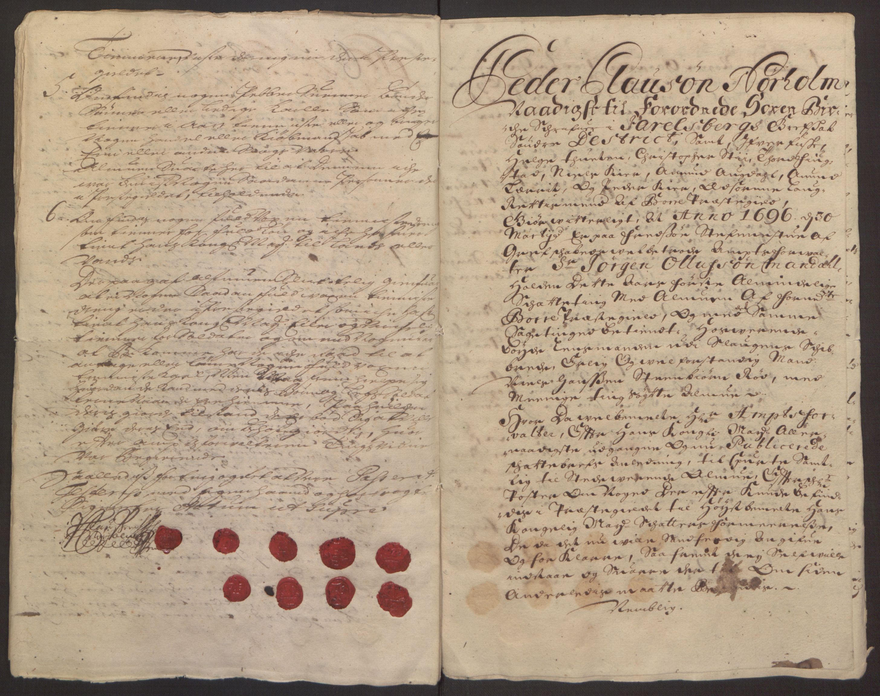 Rentekammeret inntil 1814, Reviderte regnskaper, Fogderegnskap, AV/RA-EA-4092/R32/L1867: Fogderegnskap Jarlsberg grevskap, 1694-1696, p. 384