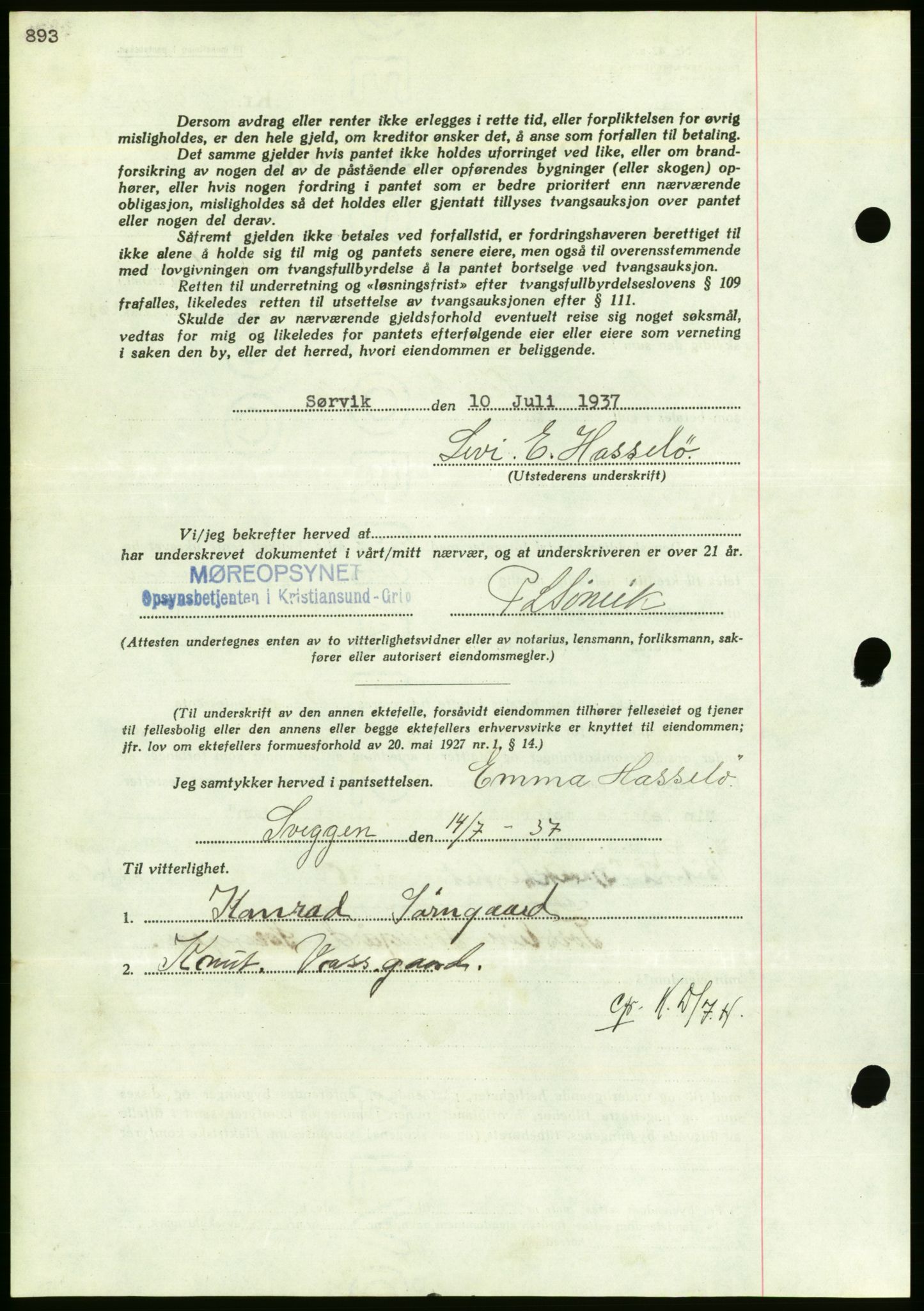 Nordmøre sorenskriveri, AV/SAT-A-4132/1/2/2Ca/L0091: Mortgage book no. B81, 1937-1937, Diary no: : 2167/1937