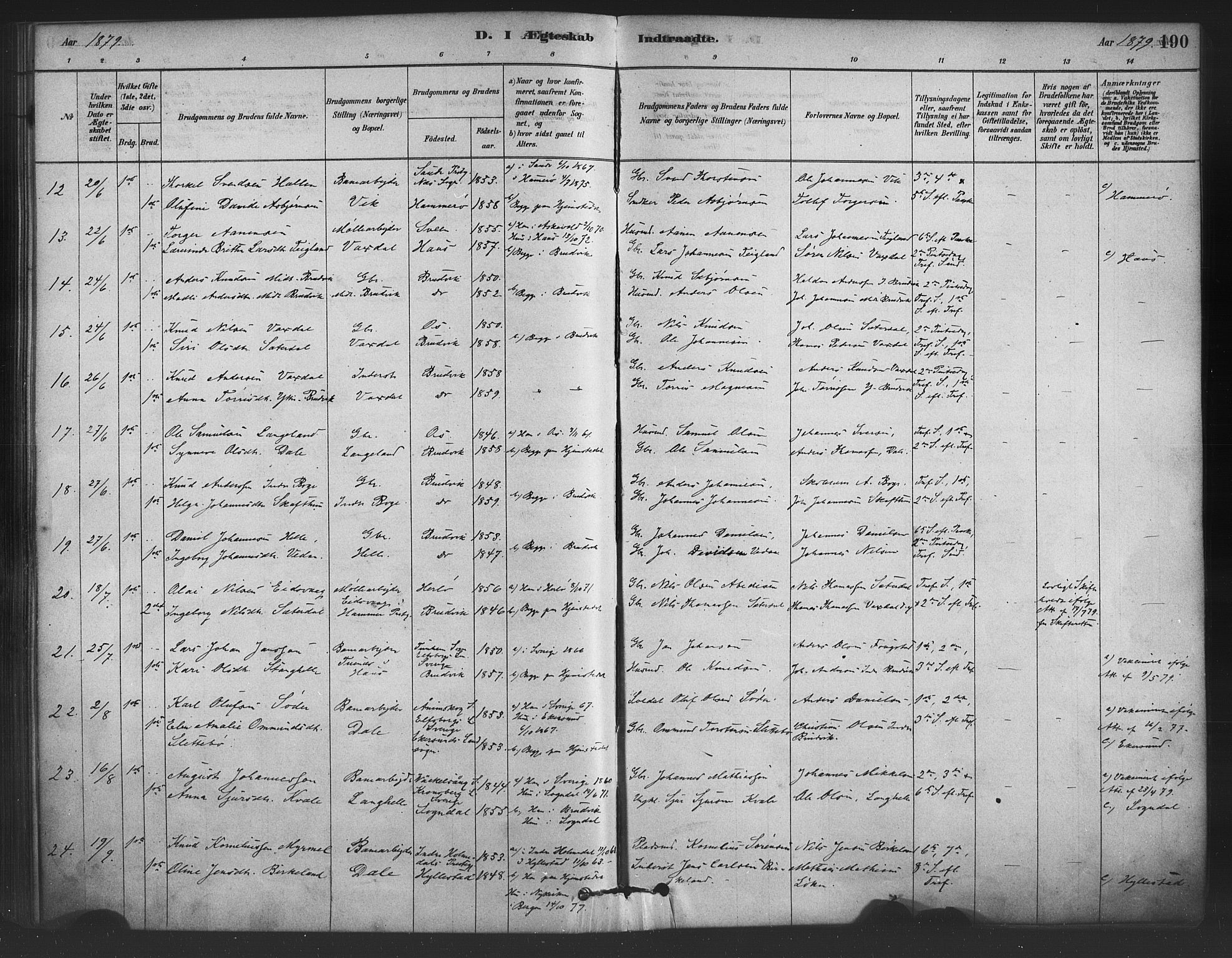 Bruvik Sokneprestembete, AV/SAB-A-74701/H/Haa: Parish register (official) no. B 1, 1878-1904, p. 190