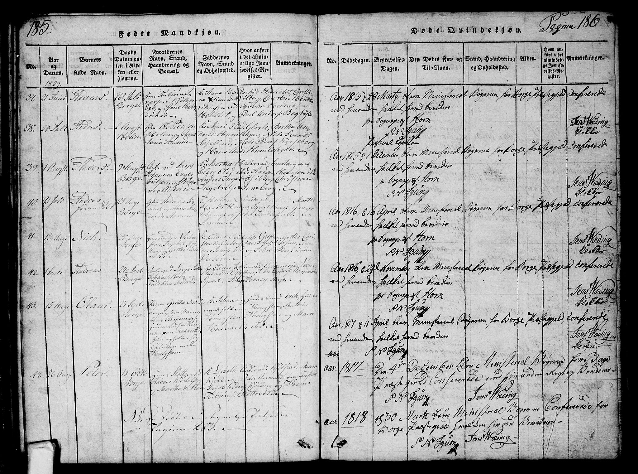 Borge prestekontor Kirkebøker, SAO/A-10903/G/Ga/L0001: Parish register (copy) no.  I 1, 1815-1835, p. 185-186