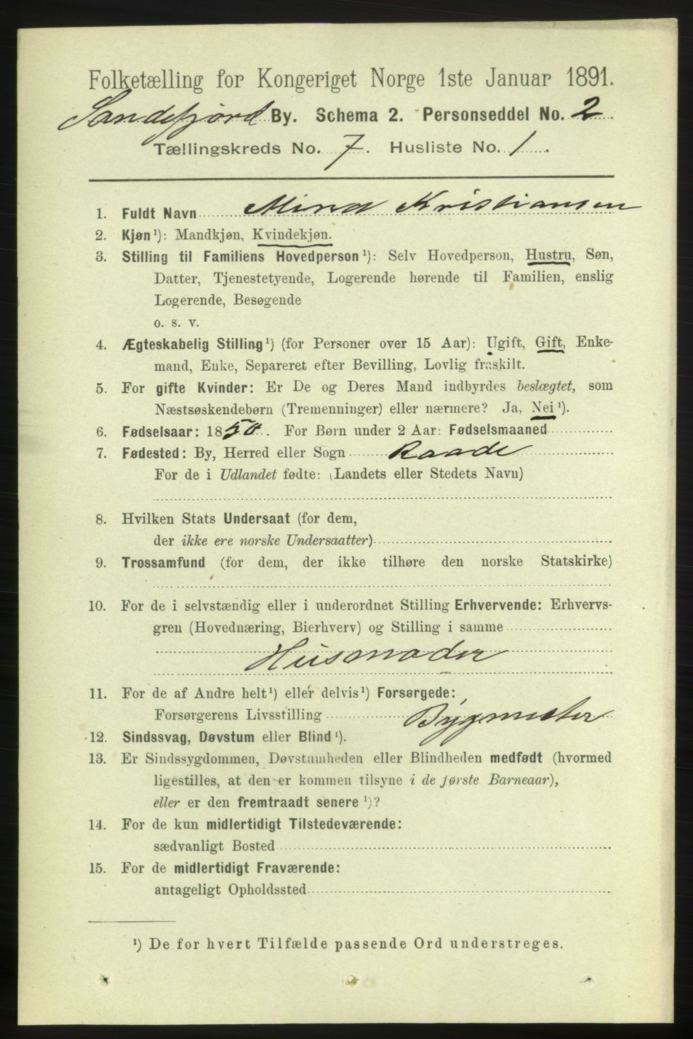 RA, 1891 census for 0706 Sandefjord, 1891, p. 2885