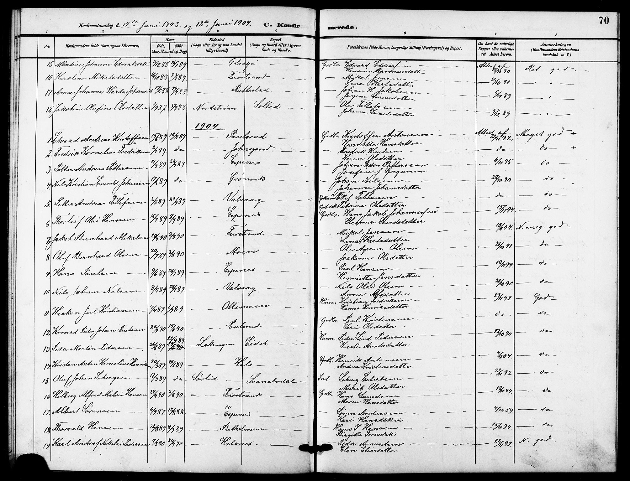 Tranøy sokneprestkontor, AV/SATØ-S-1313/I/Ia/Iab/L0005klokker: Parish register (copy) no. 5, 1902-1919, p. 70