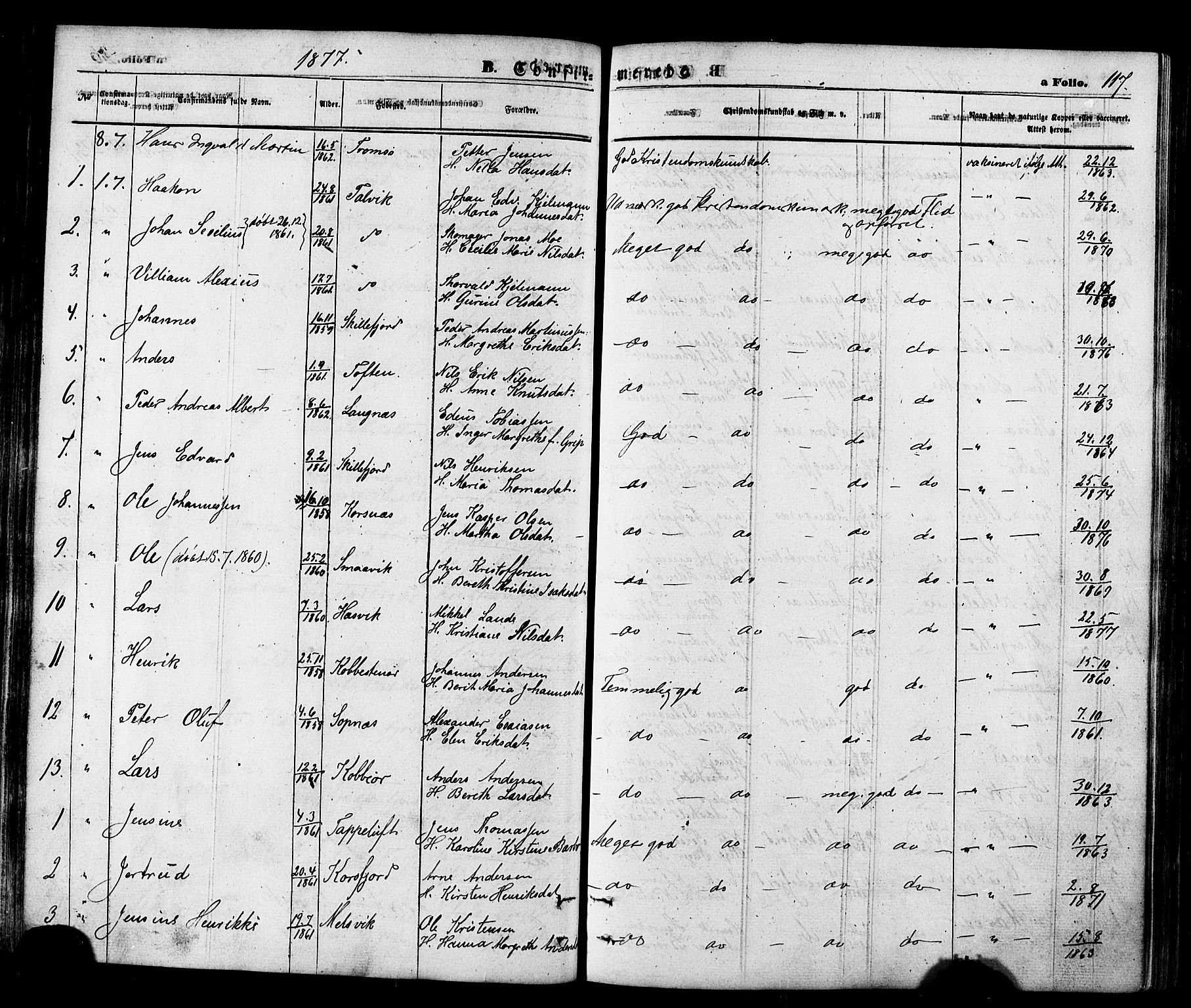 Talvik sokneprestkontor, SATØ/S-1337/H/Ha/L0011kirke: Parish register (official) no. 11, 1864-1877, p. 117