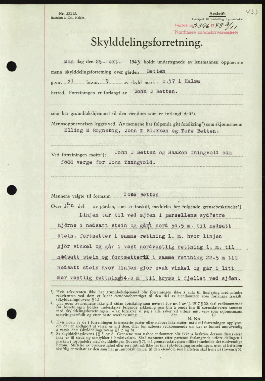 Nordmøre sorenskriveri, SAT/A-4132/1/2/2Ca: Mortgage book no. A96, 1943-1944, Diary no: : 2396/1943