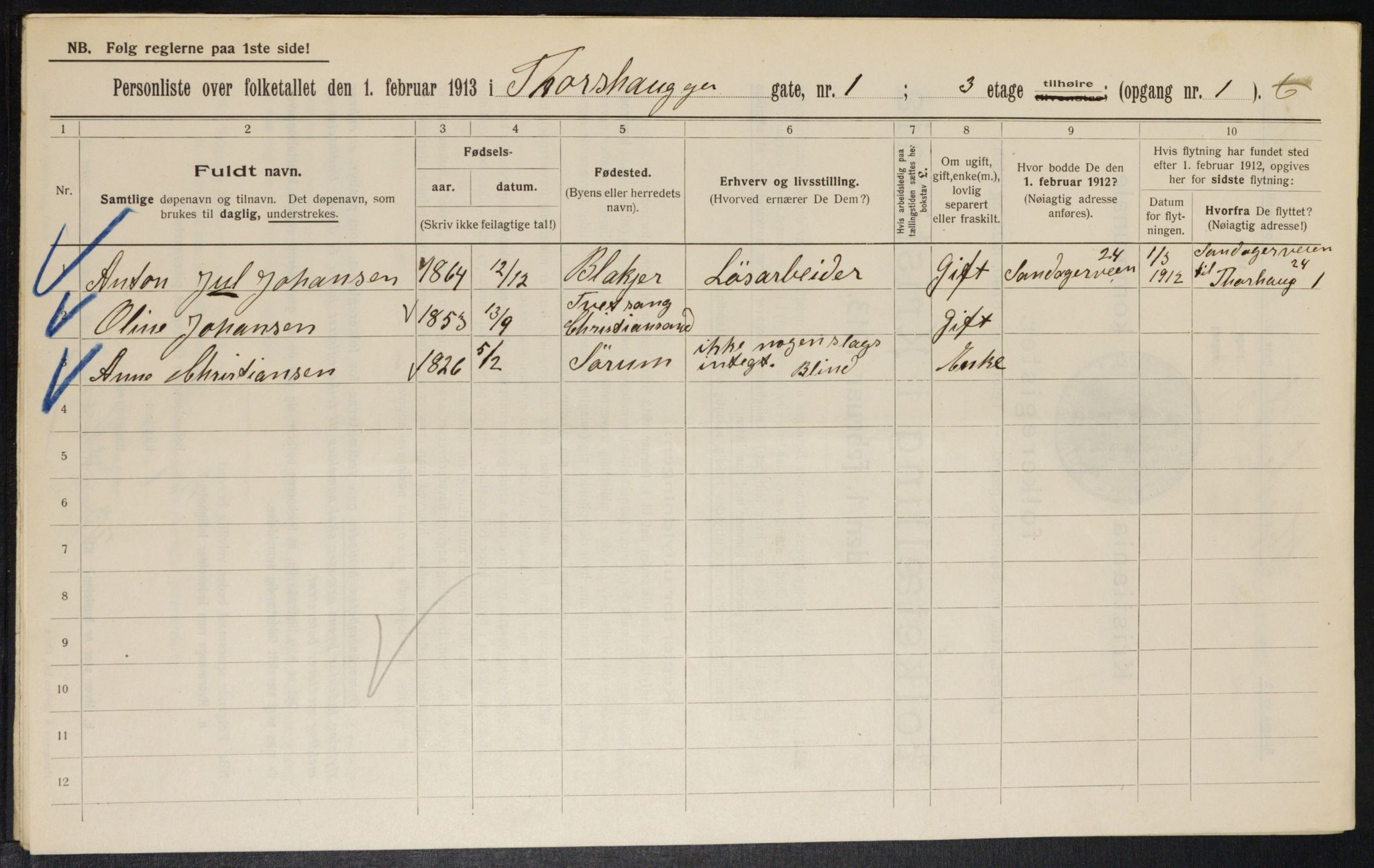 OBA, Municipal Census 1913 for Kristiania, 1913, p. 114413