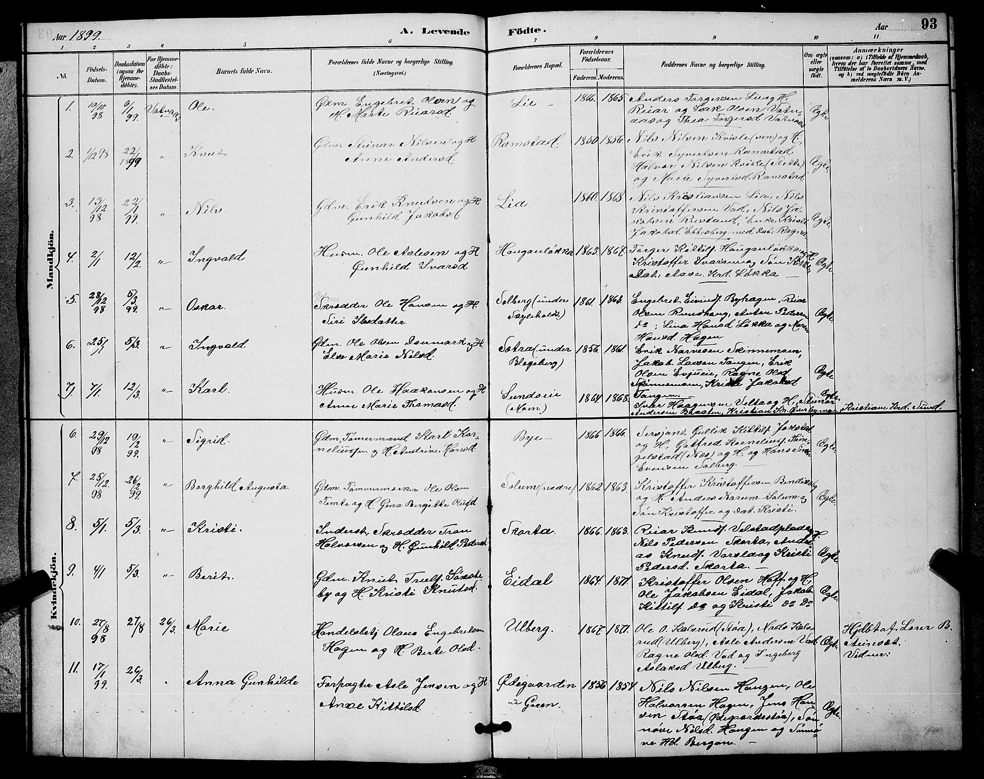 Sigdal kirkebøker, SAKO/A-245/G/Ga/L0005: Parish register (copy) no. I 5, 1886-1900, p. 93