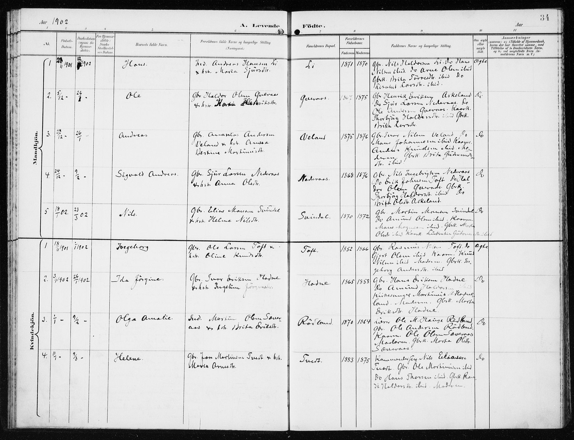 Lindås Sokneprestembete, AV/SAB-A-76701/H/Haa/Haaf/L0002: Parish register (official) no. F  2, 1897-1909, p. 34