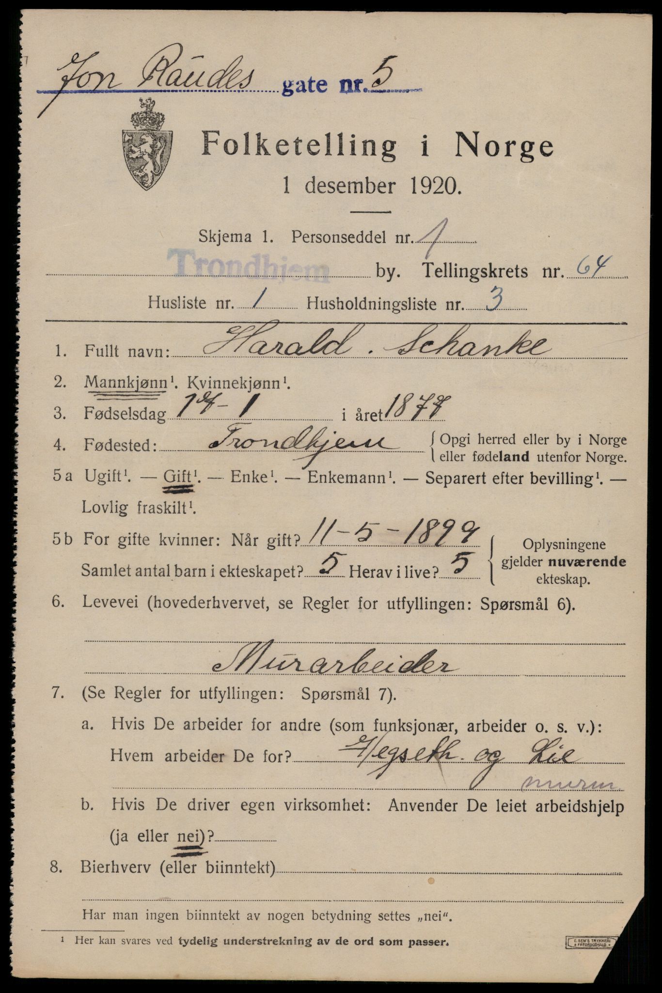 SAT, 1920 census for Trondheim, 1920, p. 127150