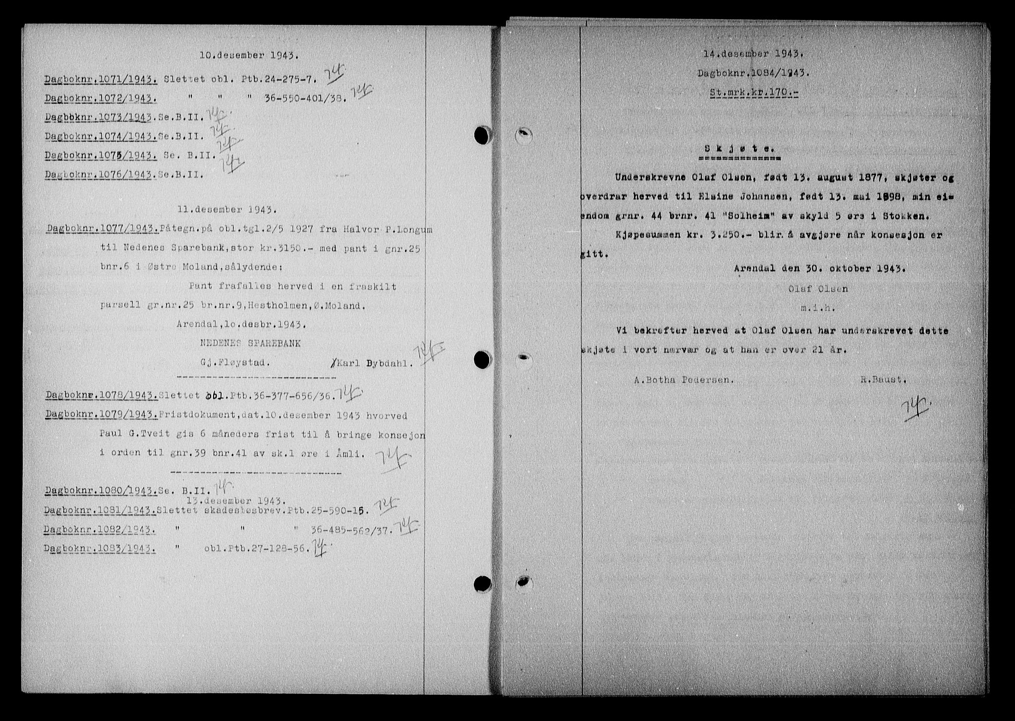 Nedenes sorenskriveri, SAK/1221-0006/G/Gb/Gba/L0051: Mortgage book no. A-V, 1943-1944, Diary no: : 1084/1943