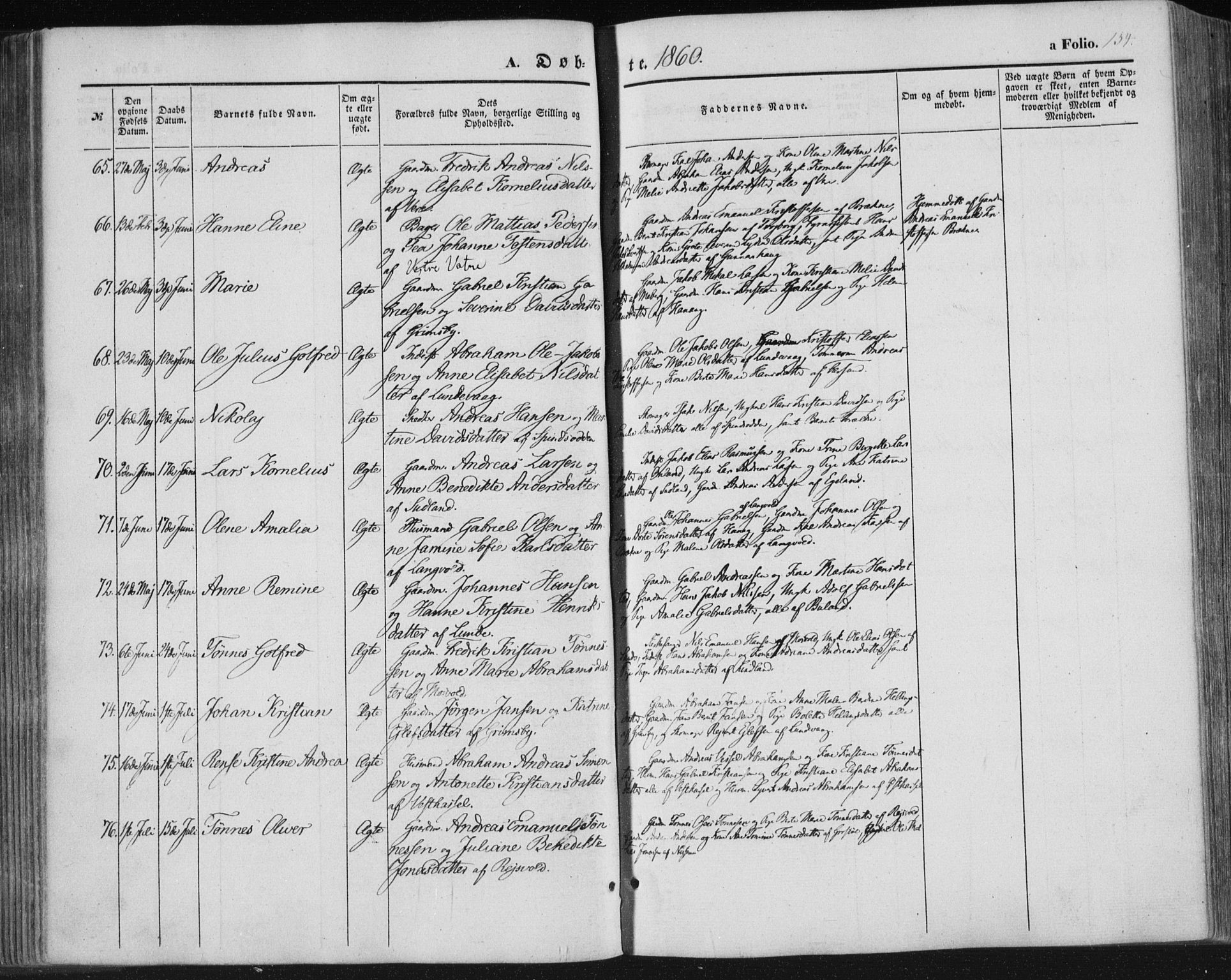 Lista sokneprestkontor, SAK/1111-0027/F/Fa/L0010: Parish register (official) no. A 10, 1846-1861, p. 154