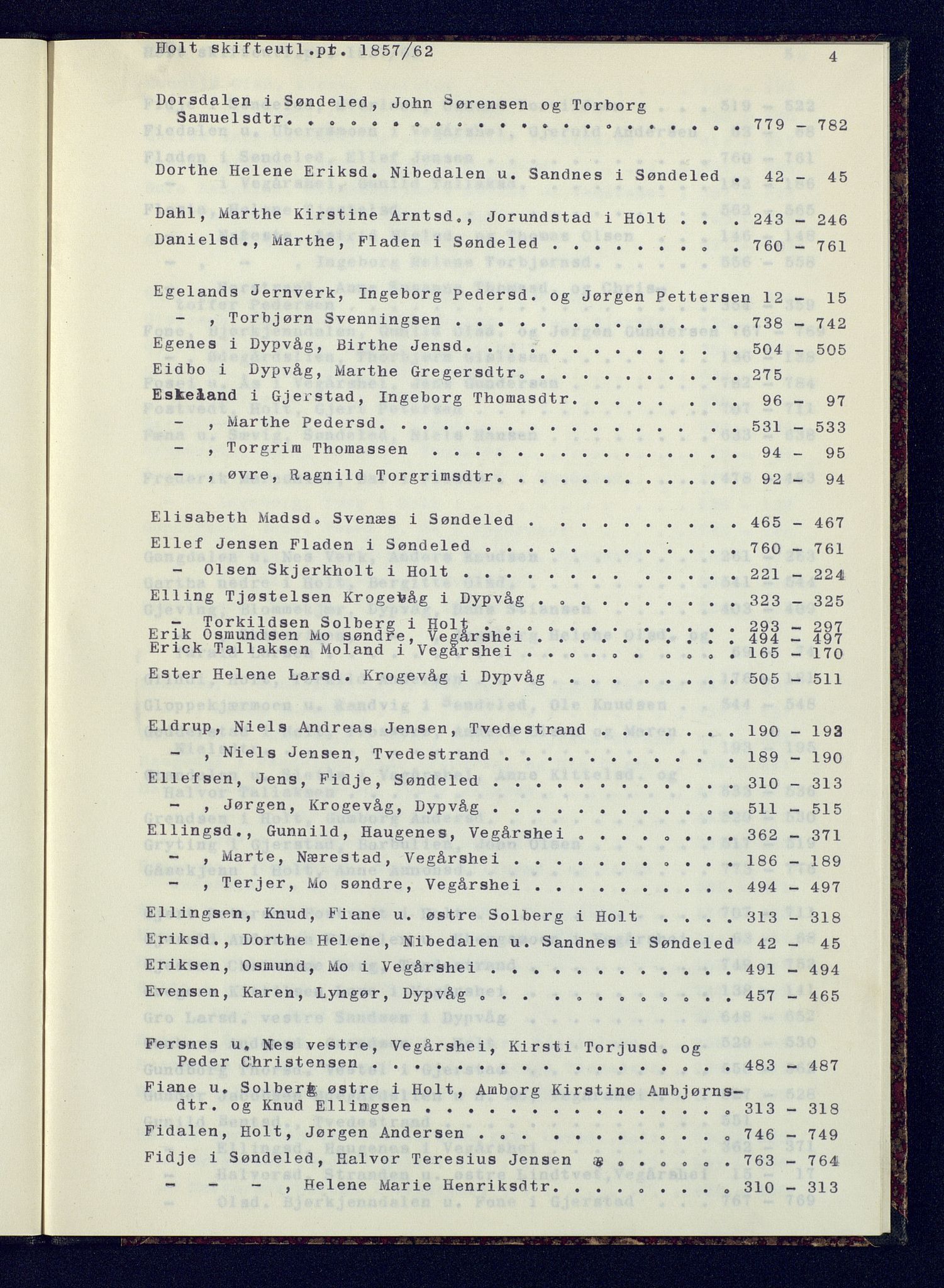 Holt sorenskriveri, SAK/1221-0002/H/Hc/L0029: Skifteutlodningsprotokoll nr. 4 med løst register, 1857-1862, p. 4