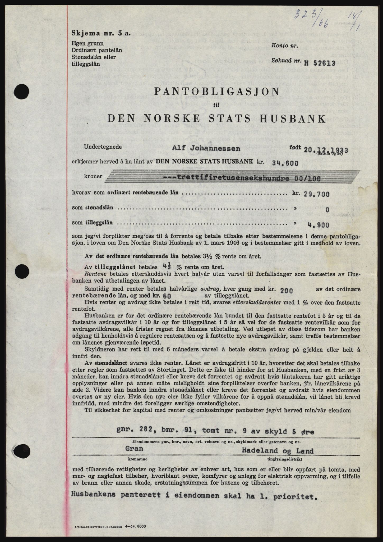 Hadeland og Land tingrett, SAH/TING-010/H/Hb/Hbc/L0061: Mortgage book no. B61, 1965-1966, Diary no: : 323/1966