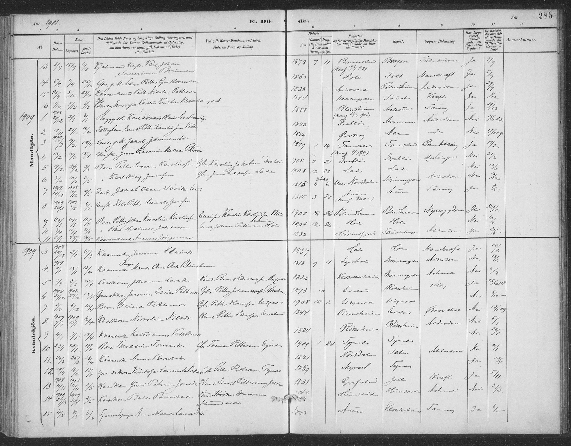 Ministerialprotokoller, klokkerbøker og fødselsregistre - Møre og Romsdal, AV/SAT-A-1454/523/L0335: Parish register (official) no. 523A02, 1891-1911, p. 285