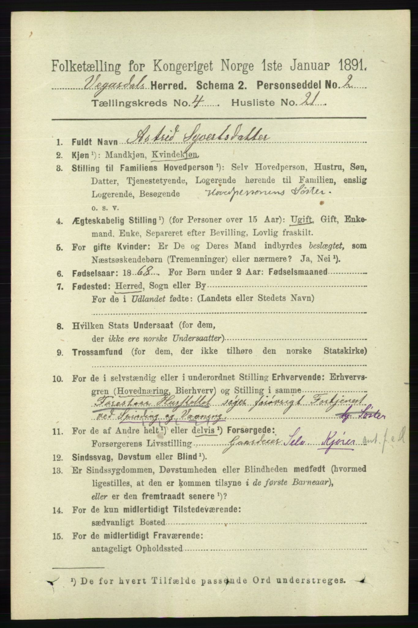 RA, 1891 census for 0934 Vegusdal, 1891, p. 832