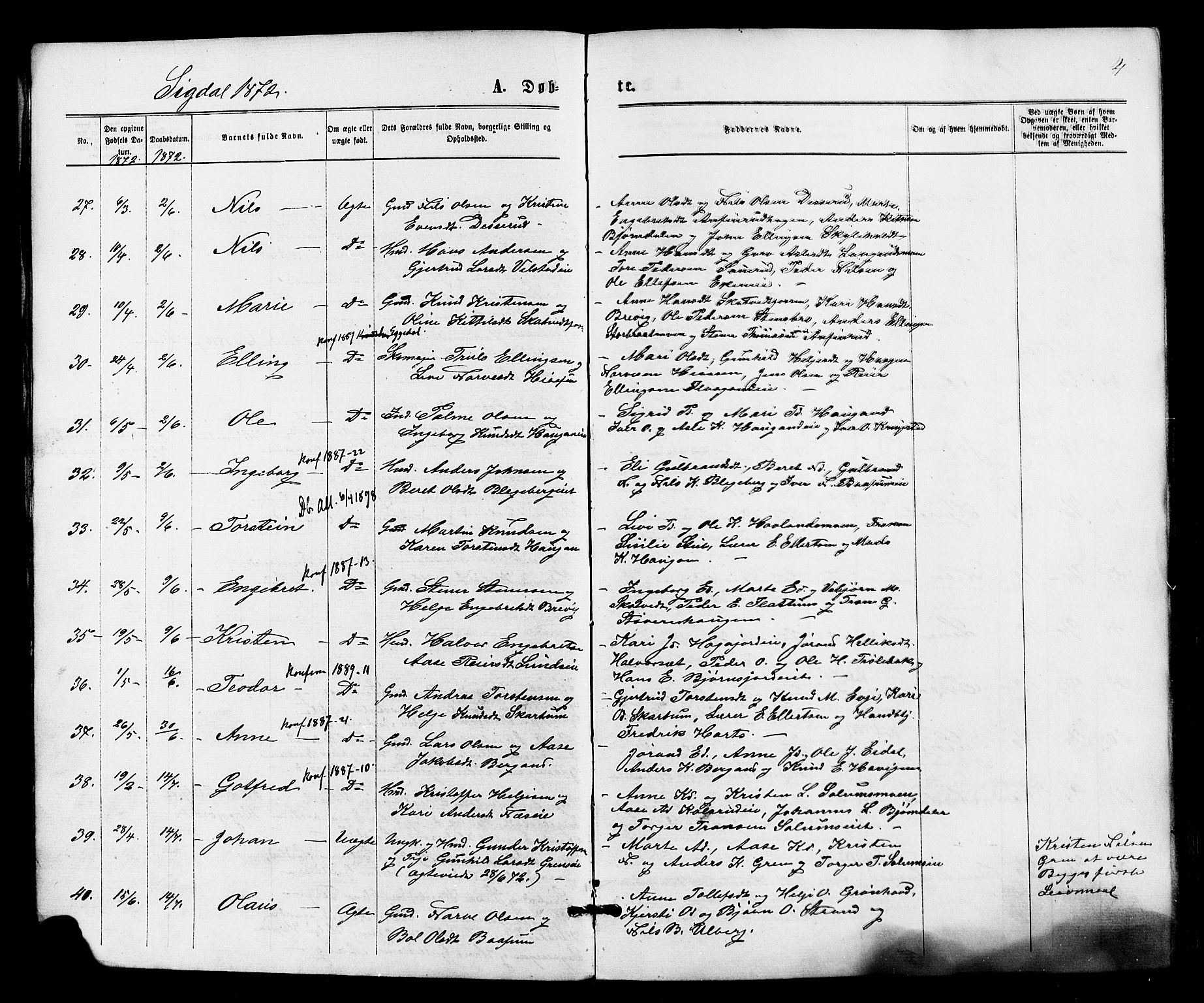 Sigdal kirkebøker, SAKO/A-245/F/Fa/L0010: Parish register (official) no. I 10 /1, 1872-1878, p. 4