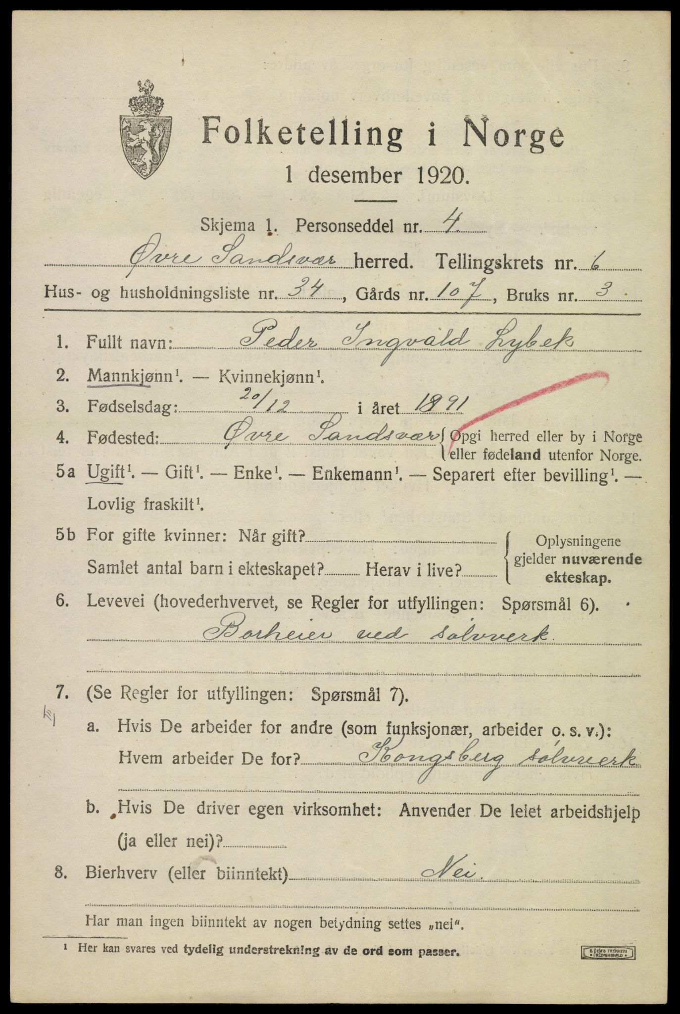 SAKO, 1920 census for Øvre Sandsvær, 1920, p. 3740