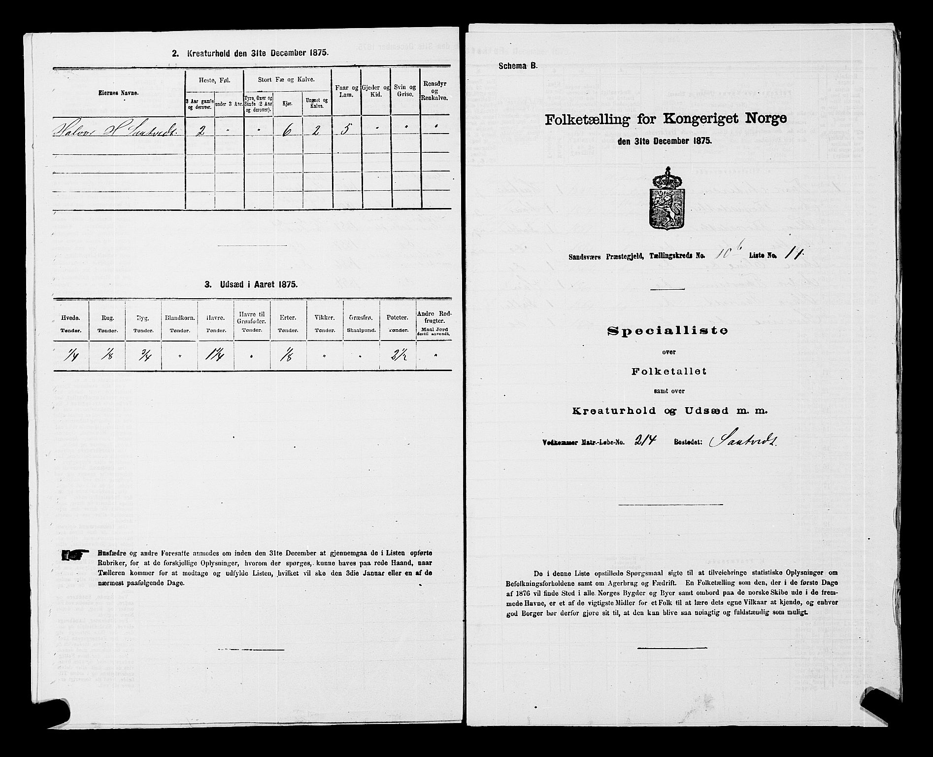 SAKO, 1875 census for 0629P Sandsvær, 1875, p. 1708