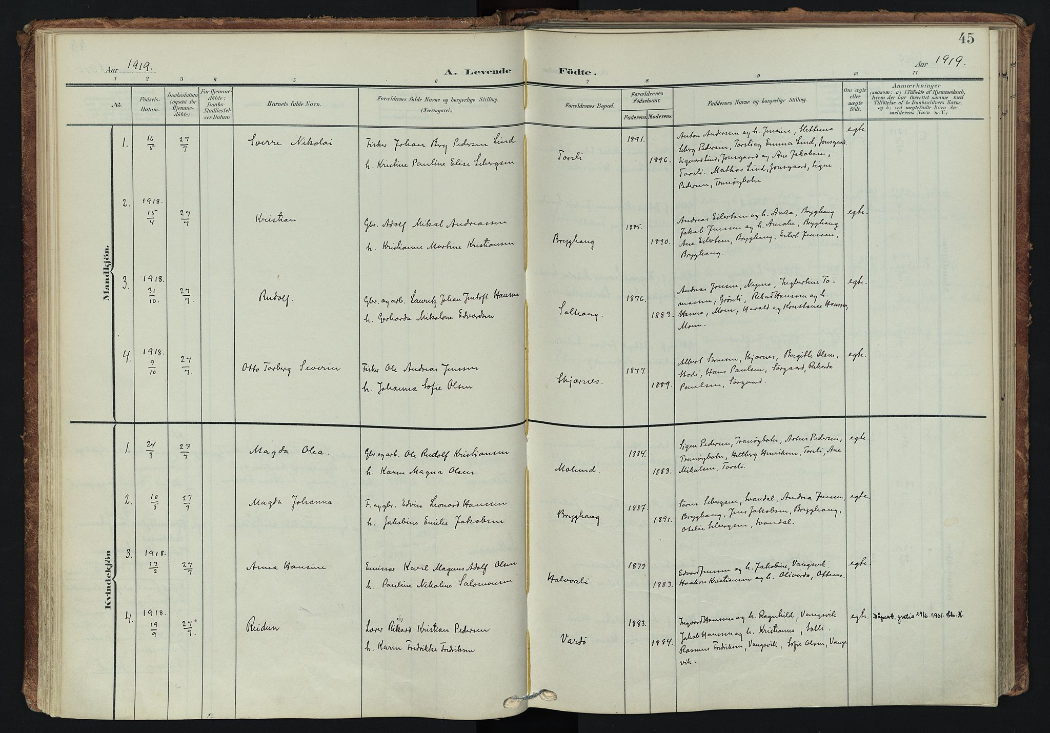 Tranøy sokneprestkontor, AV/SATØ-S-1313/I/Ia/Iaa/L0014kirke: Parish register (official) no. 14, 1905-1919, p. 45