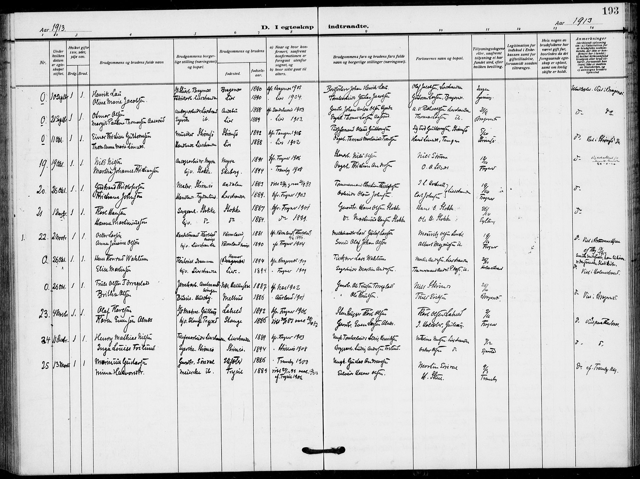 Lier kirkebøker, AV/SAKO-A-230/F/Fa/L0018: Parish register (official) no. I 18, 1909-1917, p. 193