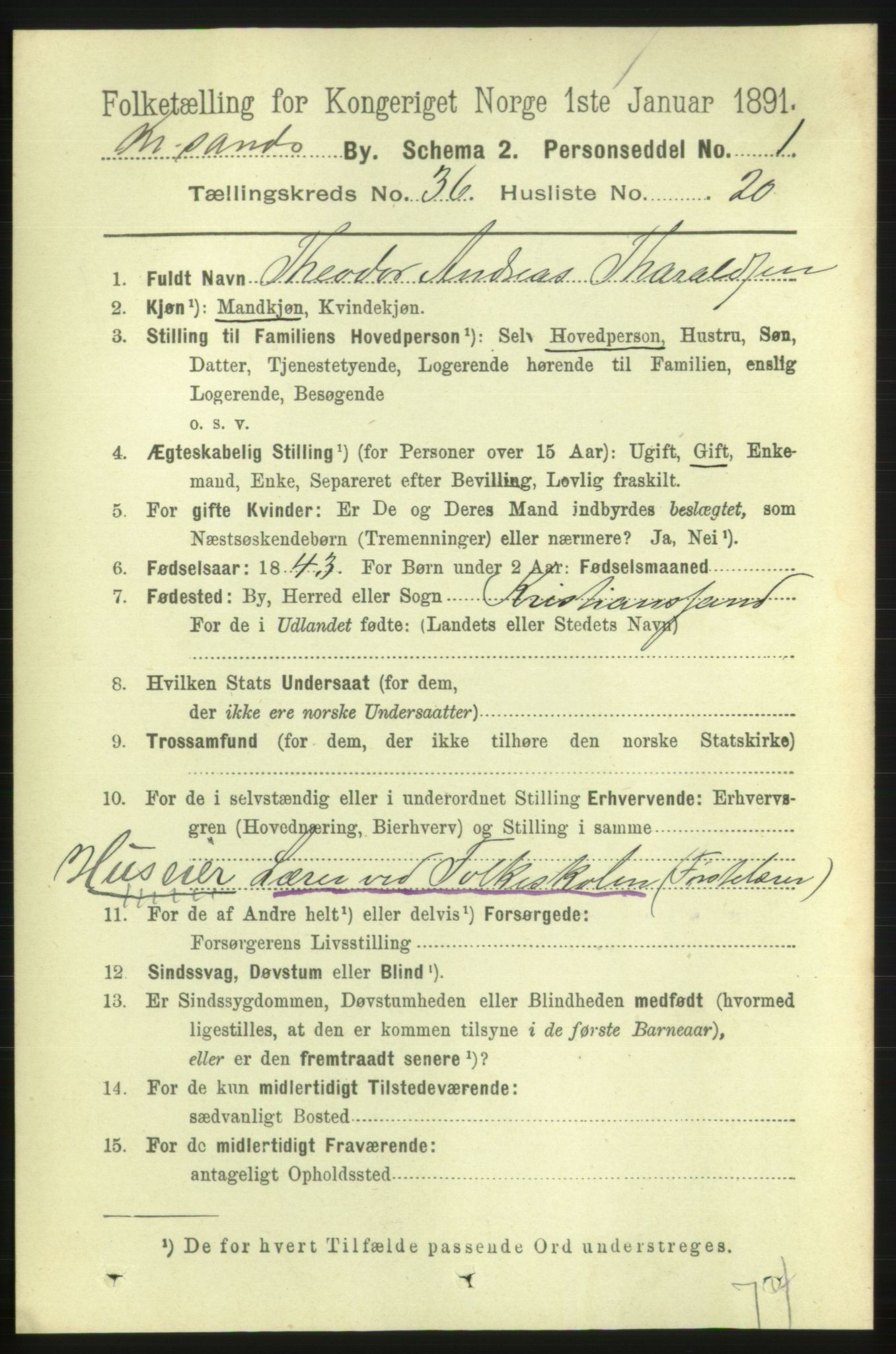 RA, 1891 census for 1001 Kristiansand, 1891, p. 11394