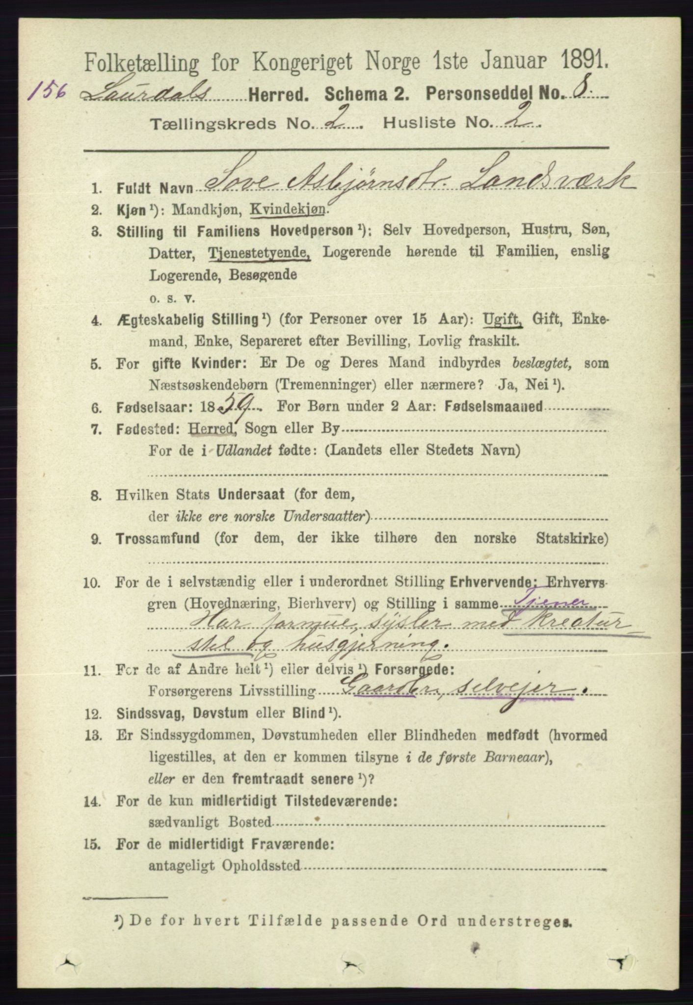 RA, 1891 census for 0833 Lårdal, 1891, p. 616