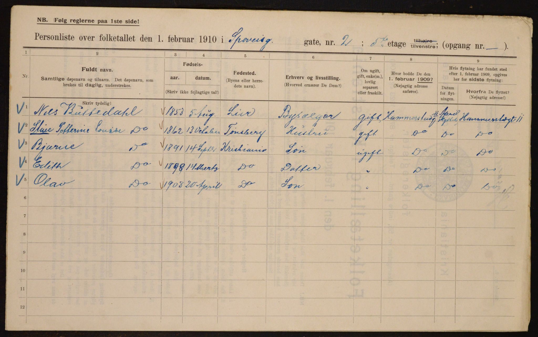 OBA, Municipal Census 1910 for Kristiania, 1910, p. 95516